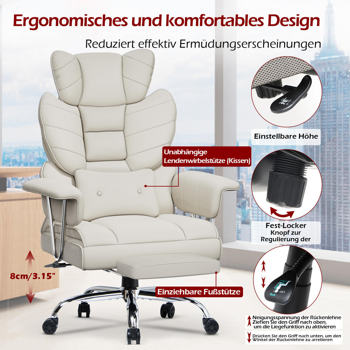 CHEFSESSEL ergonomisch, Leder, Fußstütze – Weiß - Weiß, Metall (58/128/50cm) - Rattantree