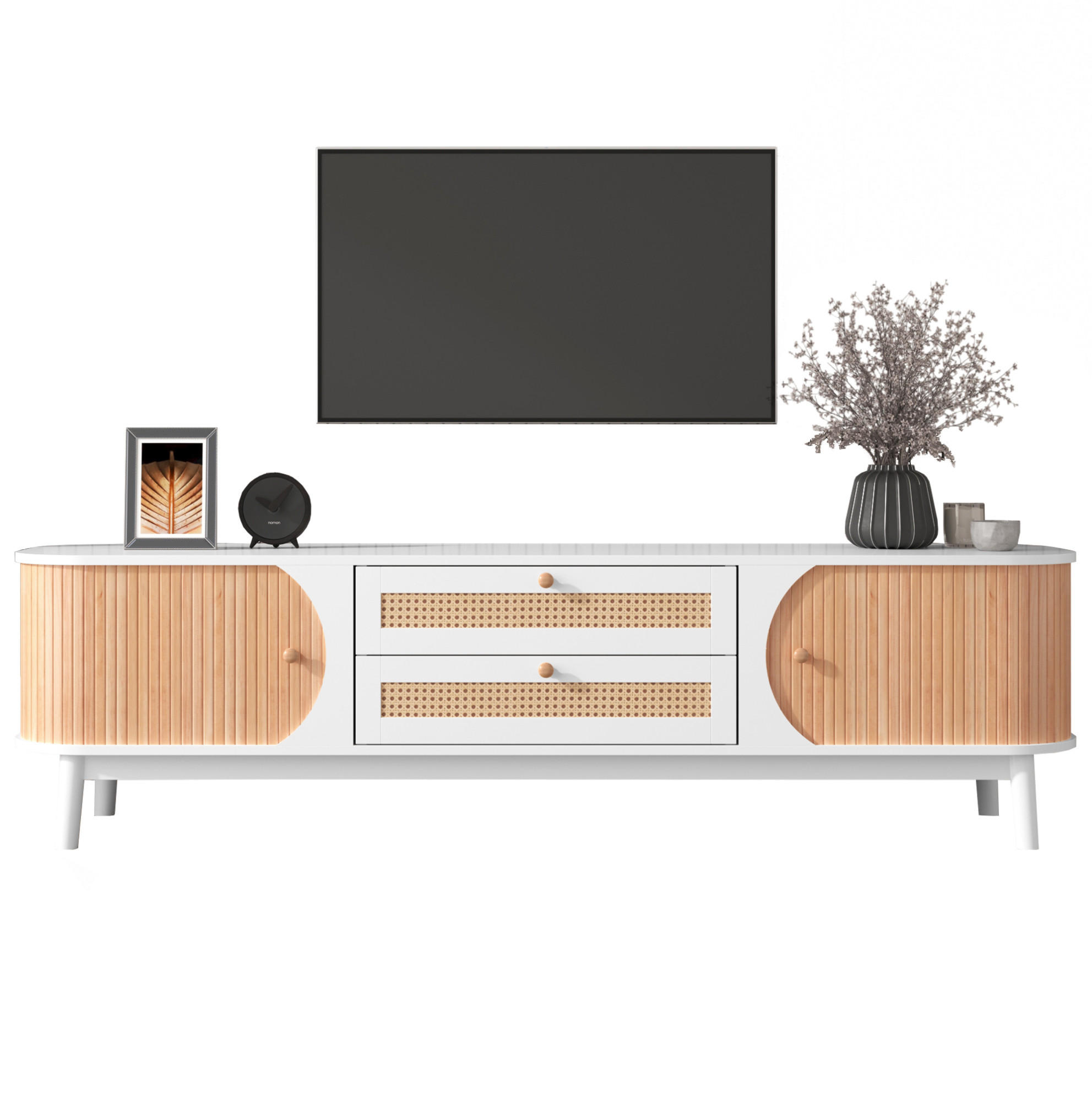 Redom TV stolek 170/39,5/46 cm s dvířky a zásuvkami, ratanovými detaily a úložným prostorem, Bílá