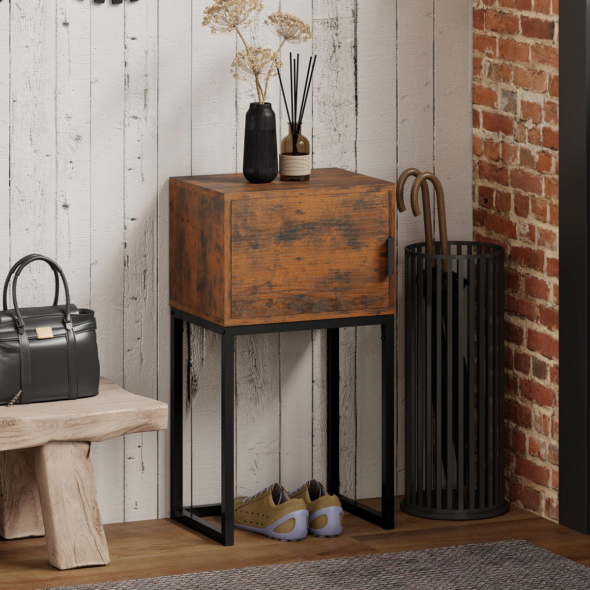 KONSOLENTISCH Flurtisch mit Schrank 40 x 30 x 76 cm Beistelltisch Sofatisch - Schwarz/Braun, Metall (40/30/76cm) - HOMCOM