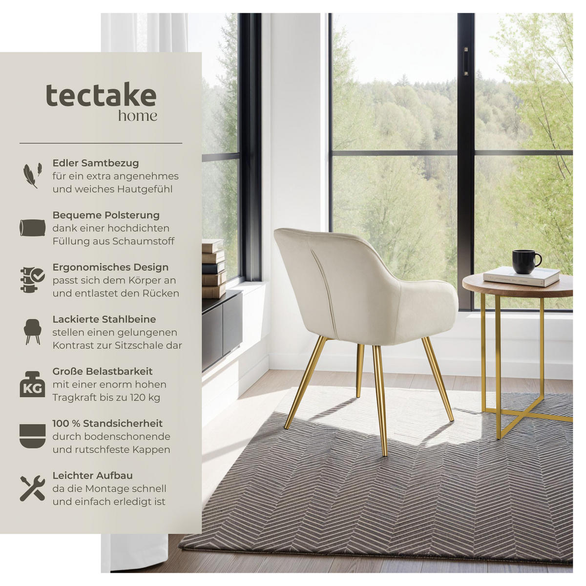 ESSZIMMERSTUHL 2er Set Marilyn 58 x 62 x 82 cm creme/gold - Goldfarben/Creme, Textil (58/82/62cm) - tectake