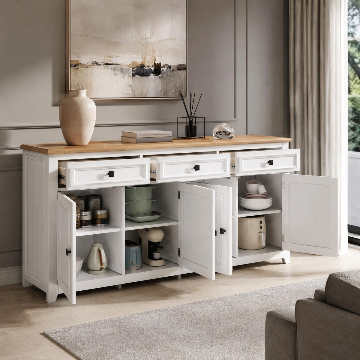SIDEBOARD in Weiß und Naturfarben mit 3 Schubladen für Wohnzimmer und Esszimmer, B160/T35/H76 cm - Weiß, Holzwerkstoff/Metall (160/76/35cm) - STILVORA