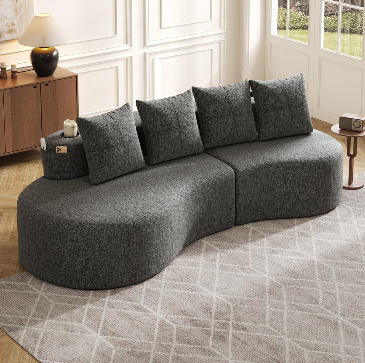 SOFA 240/109/60 cm in Dunkelgrau mit Becherhaltern und Seitentaschen - Dunkelgrau, Textil (109/63/240cm) - Flora Grace