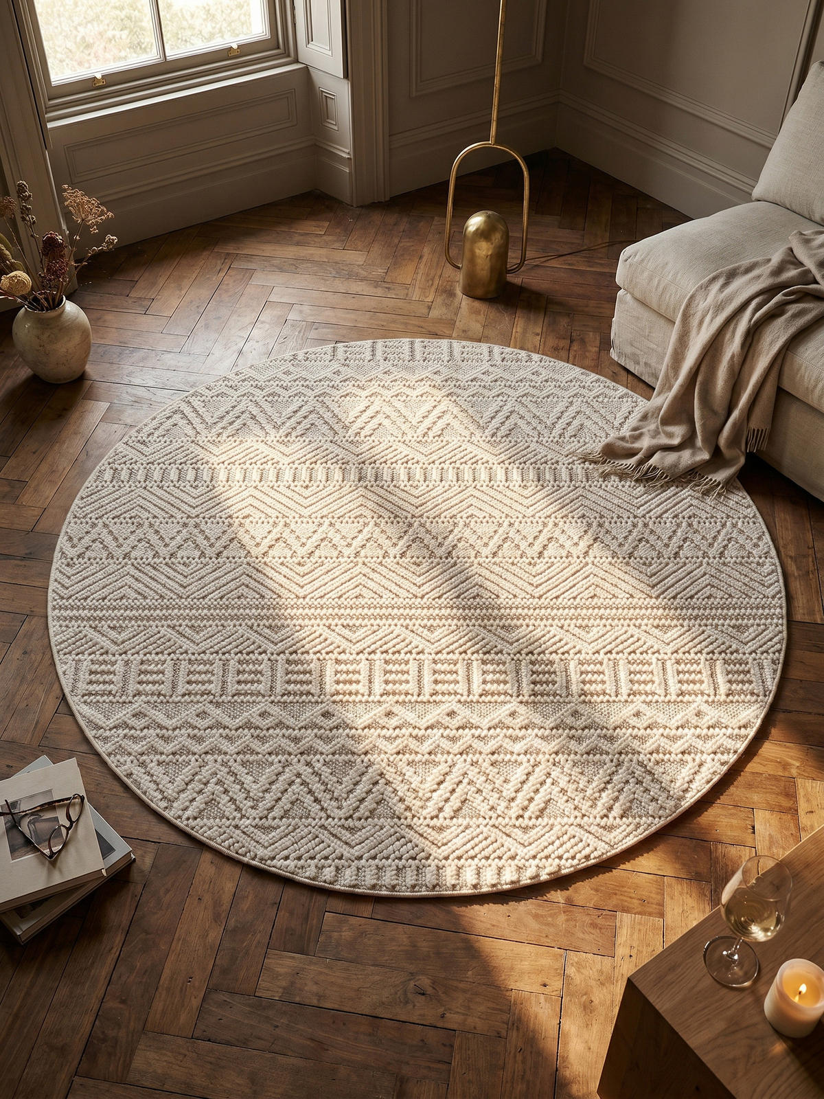 TEPPICH Flachgewebe LANGAU in Creme, mit Ethno-Streifen, Ø 200 cm - Creme, Textil (200/200cm) - KADIMA DESIGN