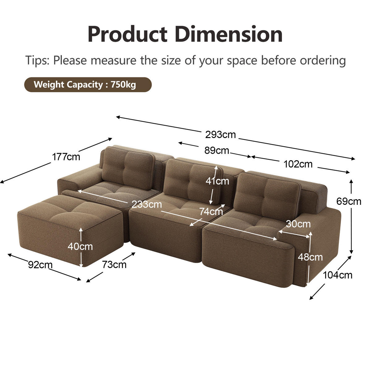 SOFA modular mit Ottoman Cord Brown 4-tlg. - Braun, Kunststoff (177/293cm) - Meubliv