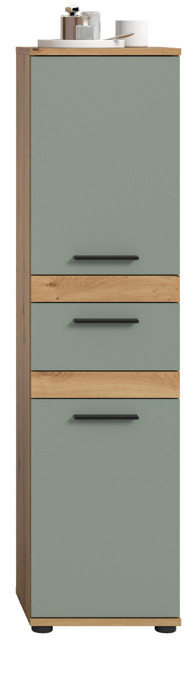 MIDISCHRANK Salbei, Artisan Eiche 35 x 137 cm, Badschrank in modernem Design - Salbeigrün/Schwarz, Holzwerkstoff/Kunststoff (35/137/31cm) - Inn.Furn
