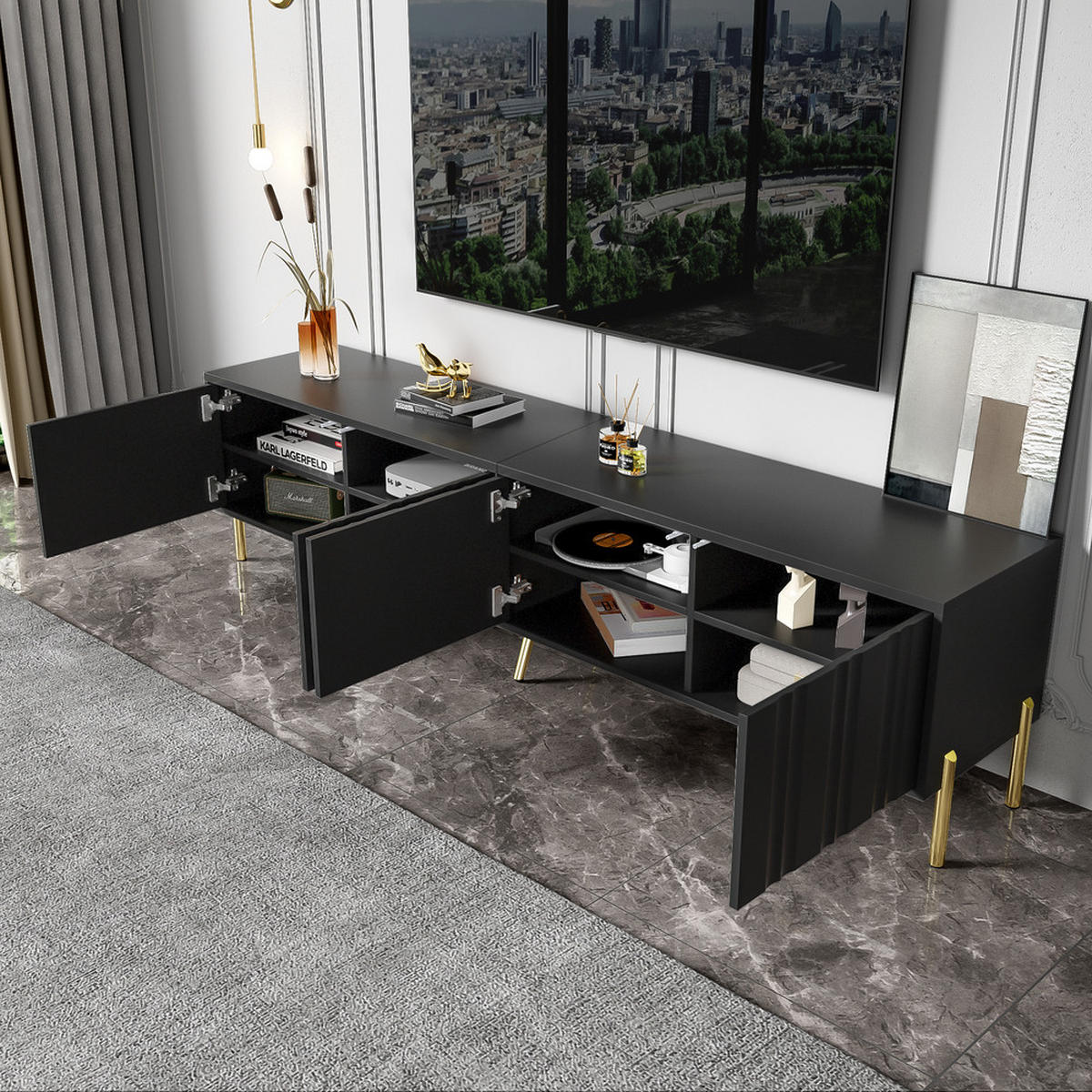 TV-SCHRANK 190x38cm Schwarz mit goldenen Tischbeinen - Schwarz, Holz (46/27/60cm) - FLIEKS