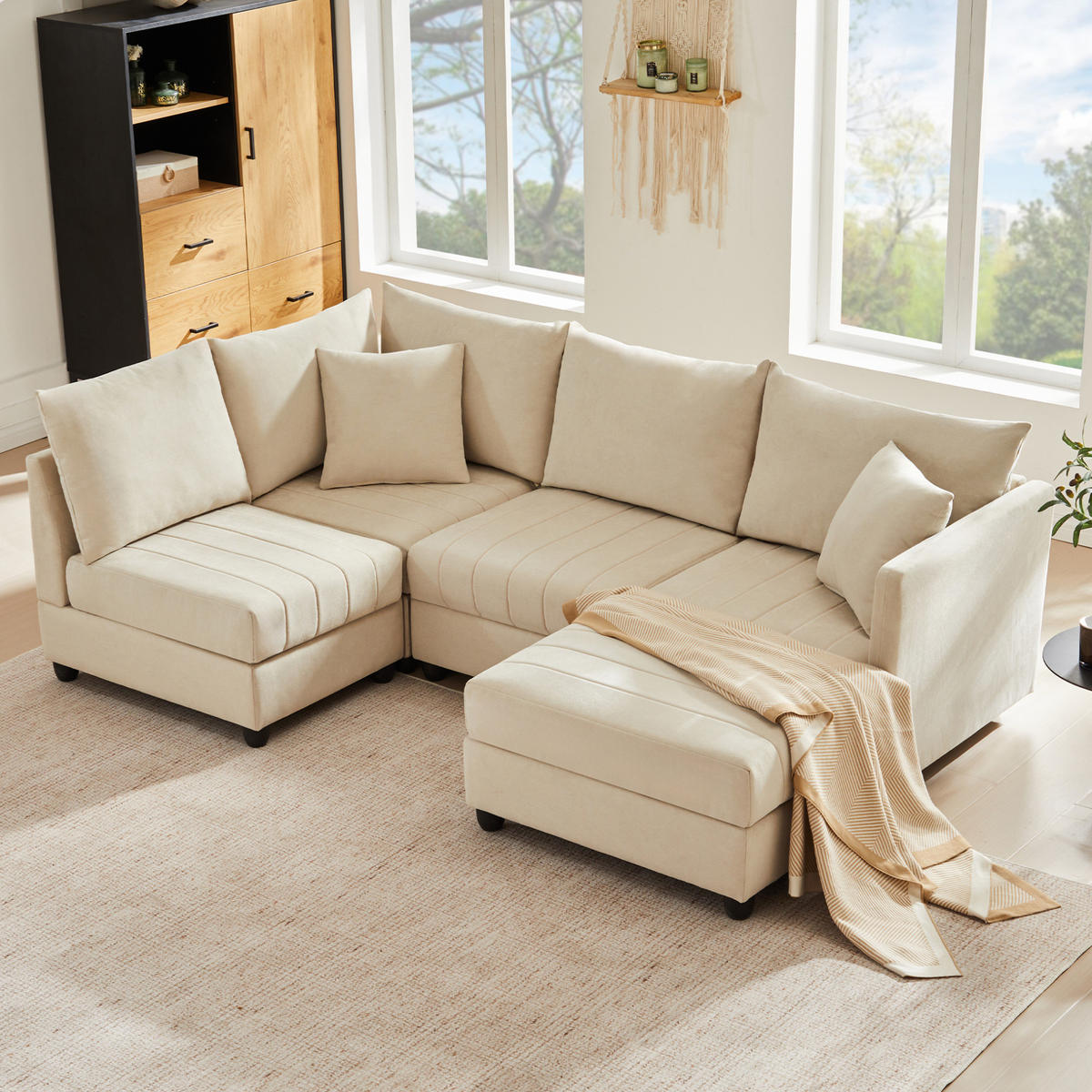 ECKSOFA 220/194/85 cm mit beweglichem Fußhocker, modularer U- und L-Form, aus Baumwoll-Leinenstoff, Beige - Beige, Textil (220/194cm) - Redom