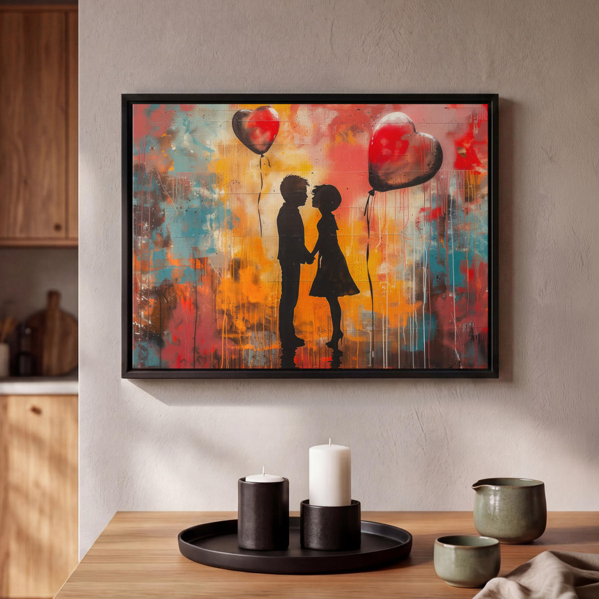 LEINWAND Bilder mit Rahmen - Straßenkunst - Liebe - Graffiti - Kunst - Banksy - 40x30 - Orange, Textil (40/30cm) - MuchoWow