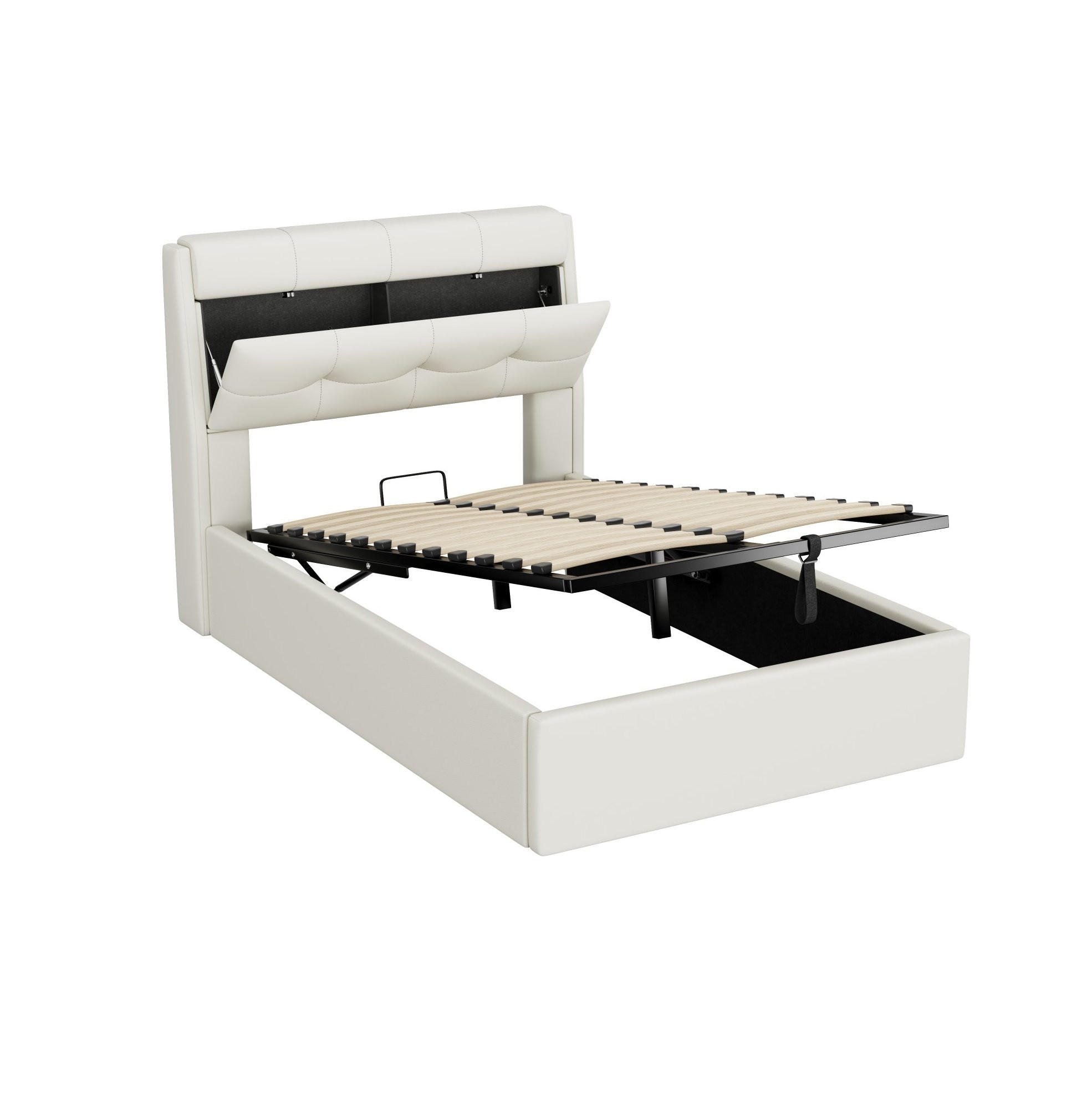 POLSTERBETT aus Kunstleder 90x200 cm in Weiß mit Stauraum & Hydraulik - Weiß, Leder (90/200cm) - Modfu