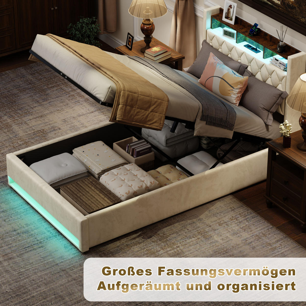 POLSTERBETT 140/200 cm aus Samt in Beige mit Lattenrost - Beige, Textil (140/200cm) - BEAOK