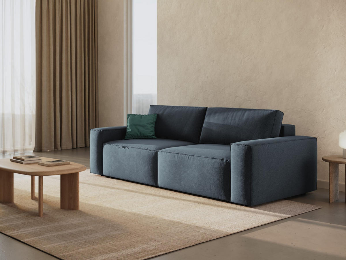 SOFA ausklappbar mit Bettkasten Jodie aus strukturiertem Stoff blau 3 Sitzplätze - Blau, Textil (107/86/247cm) - Micadoni