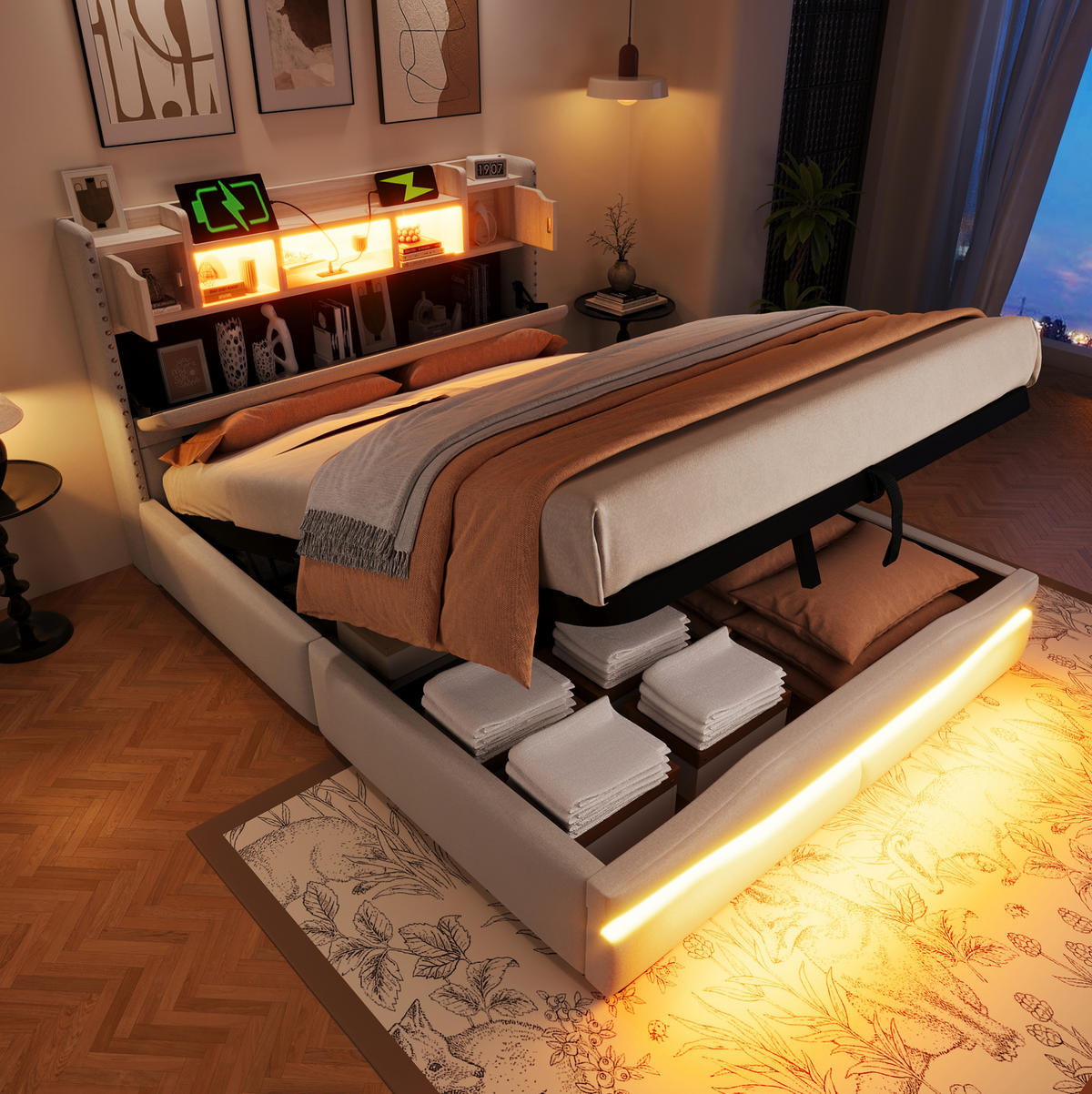 POLSTERBETT 140/200 cm mit Bettkasten, LED-Beleuchtung und gepolstertem Kopfteil - Beige, Textil (140/200cm) - BEAOK