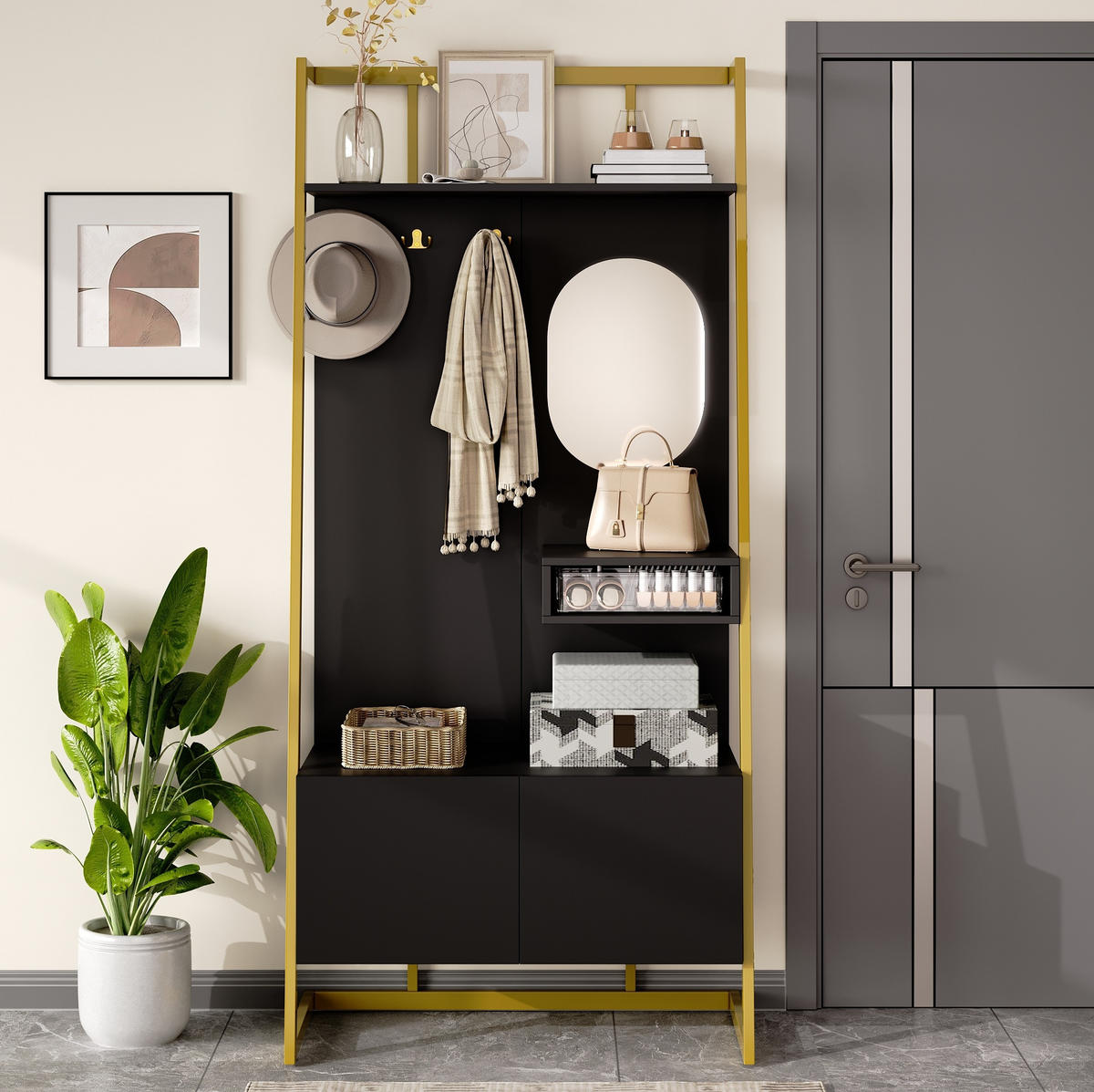 GARDEROBE mit Spiegel und Schuhbank 78 x 38,5 x 180,5 cm Schwarz - Schwarz, Holzwerkstoff (38.5/180.5/78cm) - Beauniv