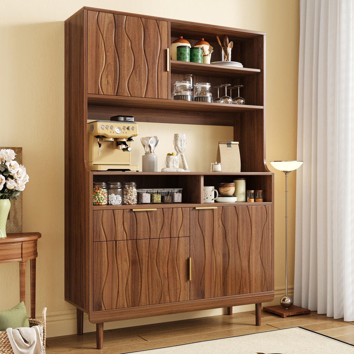 KÜCHENSCHRANK mit Türen, Schublade und offenen Regalen - Walnussfarben, Holzwerkstoff (100/170/32cm) - FLIEKS