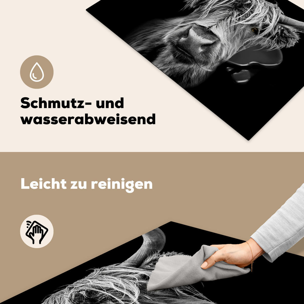 HERDABDECKPLATTE Schottischer Highlander - Hörner - Schwarz - Weiß - Kuh - Wild - Tiere Induktionsschutz 81.6x52.7 cm - Schwarz, Kunststoff (81.6/52.7/0.2cm) - MuchoWow