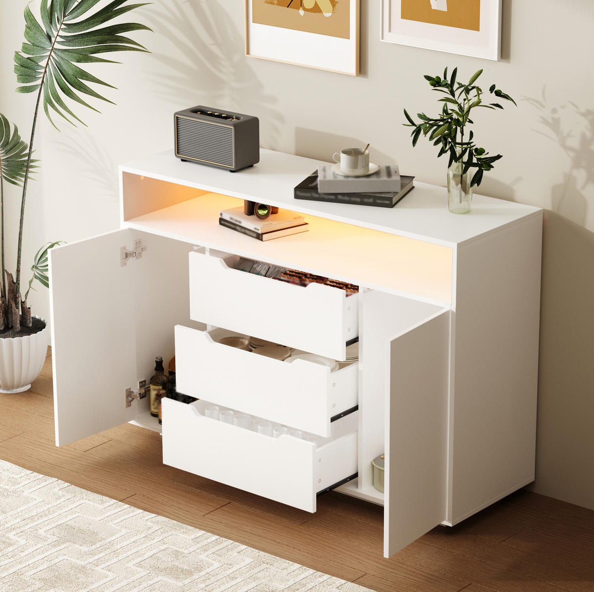 SIDEBOARD 120/40/85 cm Weiß aus Holzwerkstoff mit LED-Beleuchtung - Weiß, Holzwerkstoff (40/85/120cm) - OKMYHOME