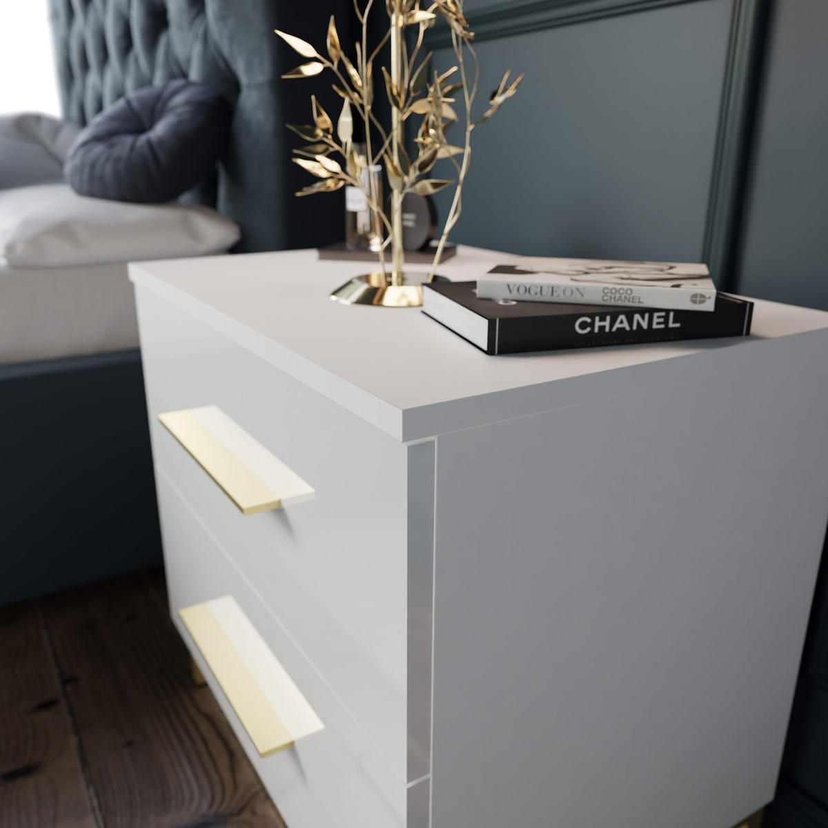 NACHTTISCH LINA GOLD mit Beinen, Hochglanz - Weiß, Holzwerkstoff (55/52/37cm) - Lookway