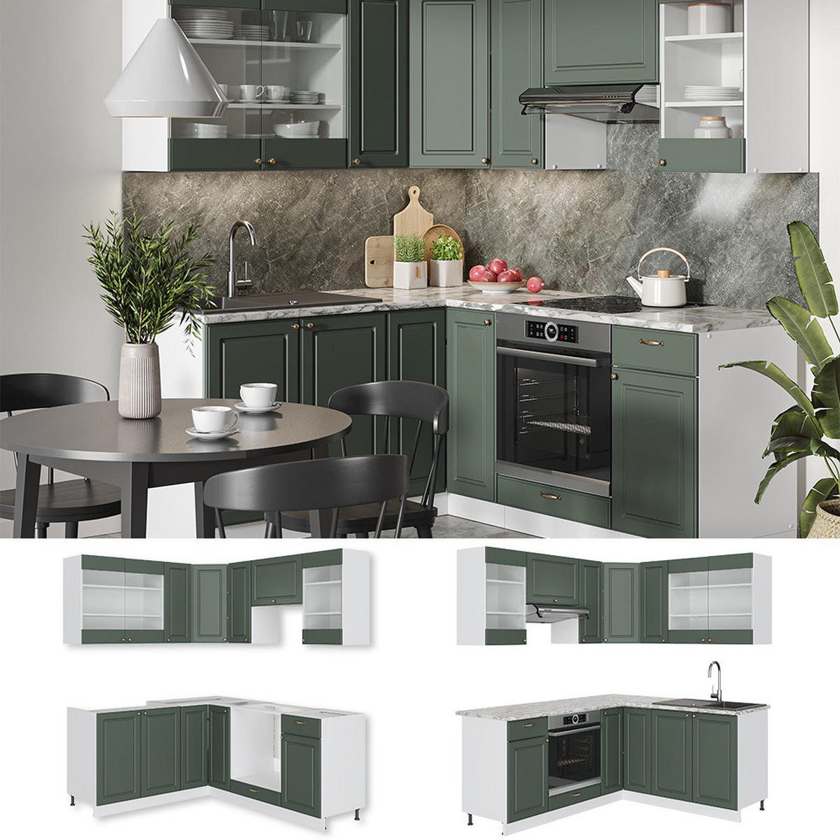ECKKÜCHE Fame-Line Grün-Gold Landhaus/Weiß 160 x 60 cm ohne AP - Weiß/Grün, Holzwerkstoff (190/81.6/46cm) - Vicco