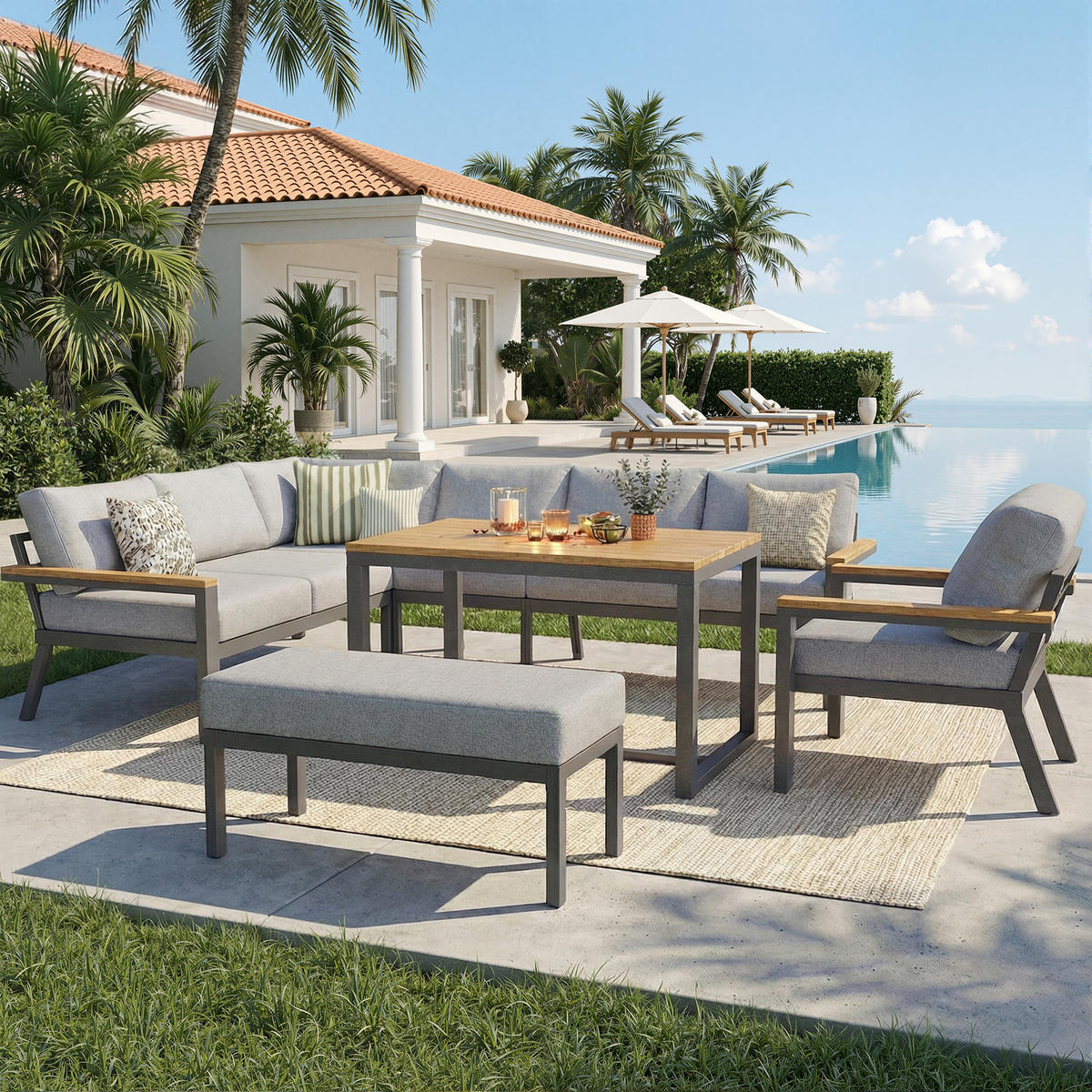 GARTENSET L-Form 8 Personen Grau Mit Holztisch & Sessel - Grau, Metall - FLIEKS