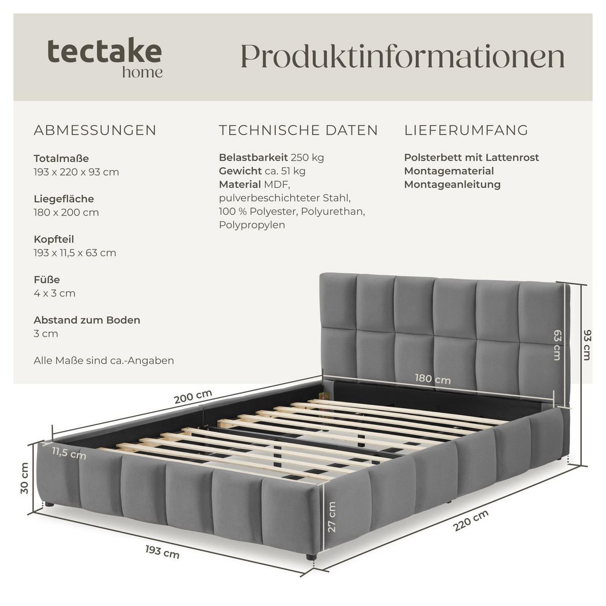 POLSTERBETT Shirley, Belastbarkeit 250 kg, Samtoptik dunkelgrau - Dunkelgrau, Holz (180/200cm) - tectake
