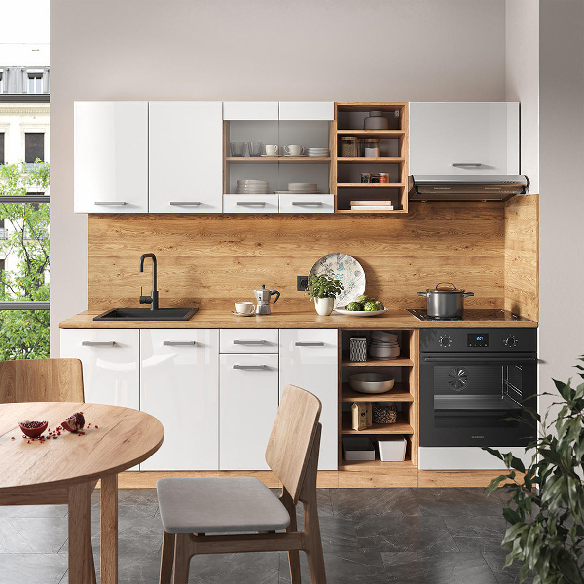 KÜCHENZEILE R-Line Weiß Hochglanz/Goldkraft Eiche 240 cm, AP Anthrazit - Weiß Hochglanz/Eiche Wotan, Holzwerkstoff (240/81.6/60cm) - Vicco