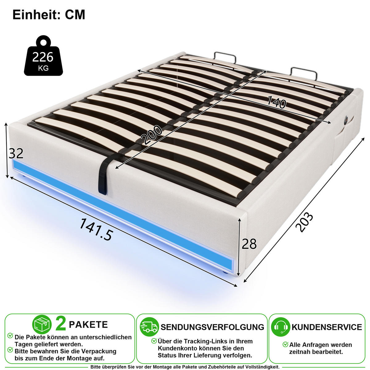 ČALOUNĚNÁ POSTEL 140/200 cm v béžové barvě s LED, USB, Type-C a úložným prostorem - béžová, kov/kompozitní dřevo (140/200cm) - CHICFURN