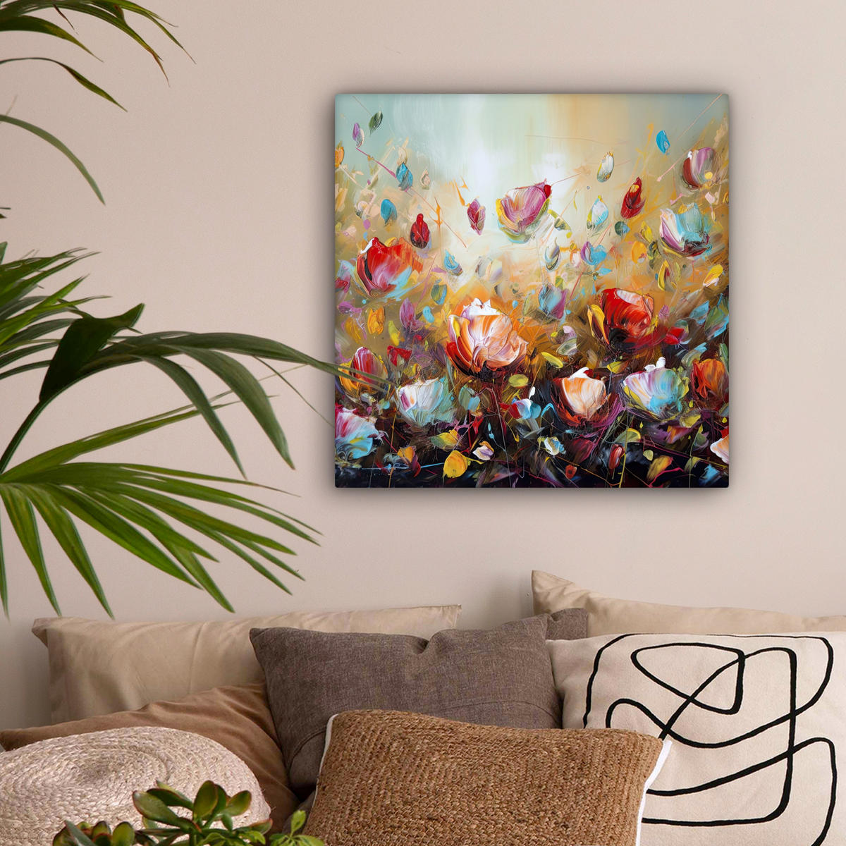 LEINWANDBILD Blumen - Kunst - Natur - Ölgemälde Wandbild Wohnzimmer 50x50 cm - Multicolor, Textil (50/50cm) - MuchoWow