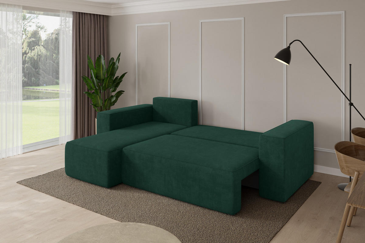 ROHOVÁ SEDAČKA s funkcí spaní, otoman vlevo SENO-L 249x139x85 zelená velur - černá/zelená barva, kompozitní dřevo/textil (249/139cm) - ALTDECOR