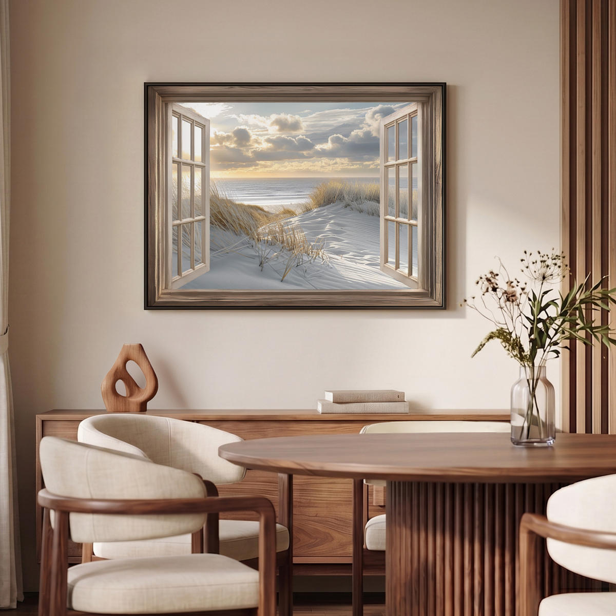 LEINWAND Bilder mit Rahmen - Ausblick - Strand - Dünen - Meer - Natur - 100x70 - Sandfarben, Textil (100/70cm) - MuchoWow