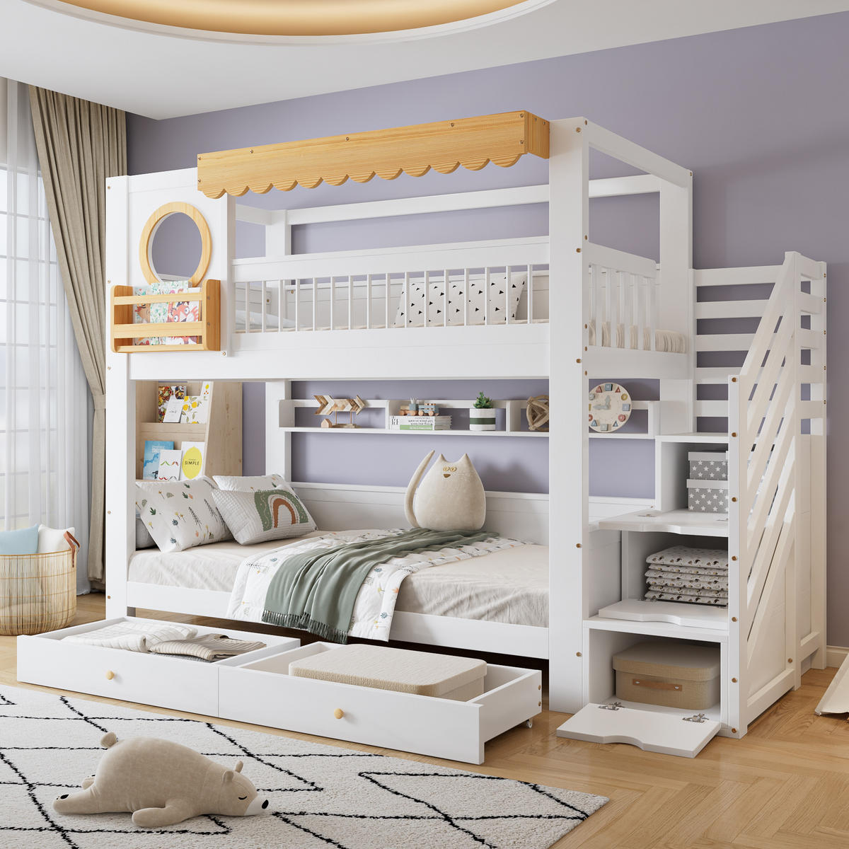 ETAGENBETT 90/200 cm in Weiß & Natur mit 2 Schubladen, Regal und Treppenschrank aus Kiefer & MDF - Weiß/Naturfarben, Holzwerkstoff (90/200cm) - STILVORA