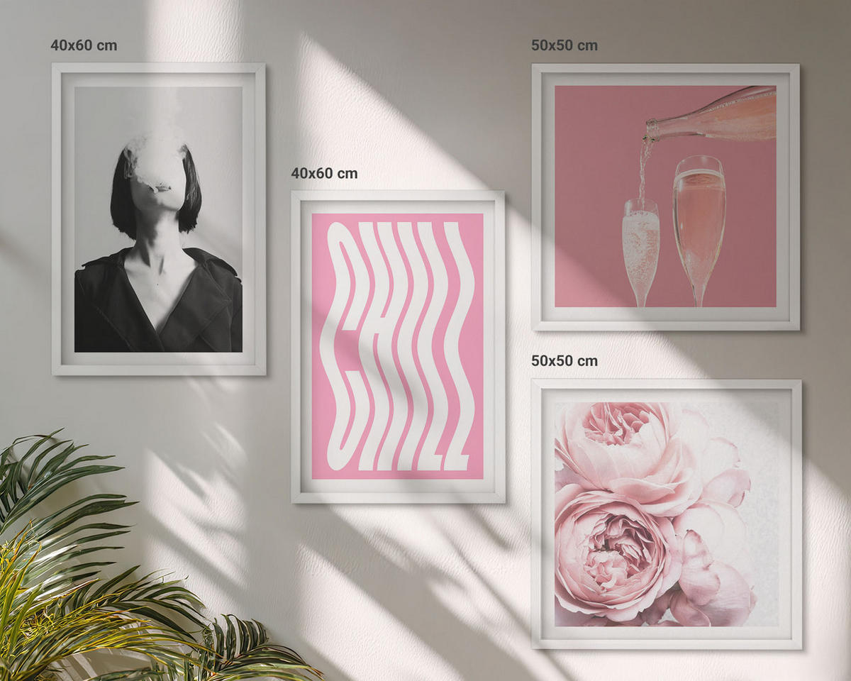 WANDBILDER 4er-Set - 50x50 cm & 40x60 cm Weißer Rahmen - Stilvolles Porträt mit Champagner - Weiß, Kunststoff (50/50cm) - ArtPrintCave