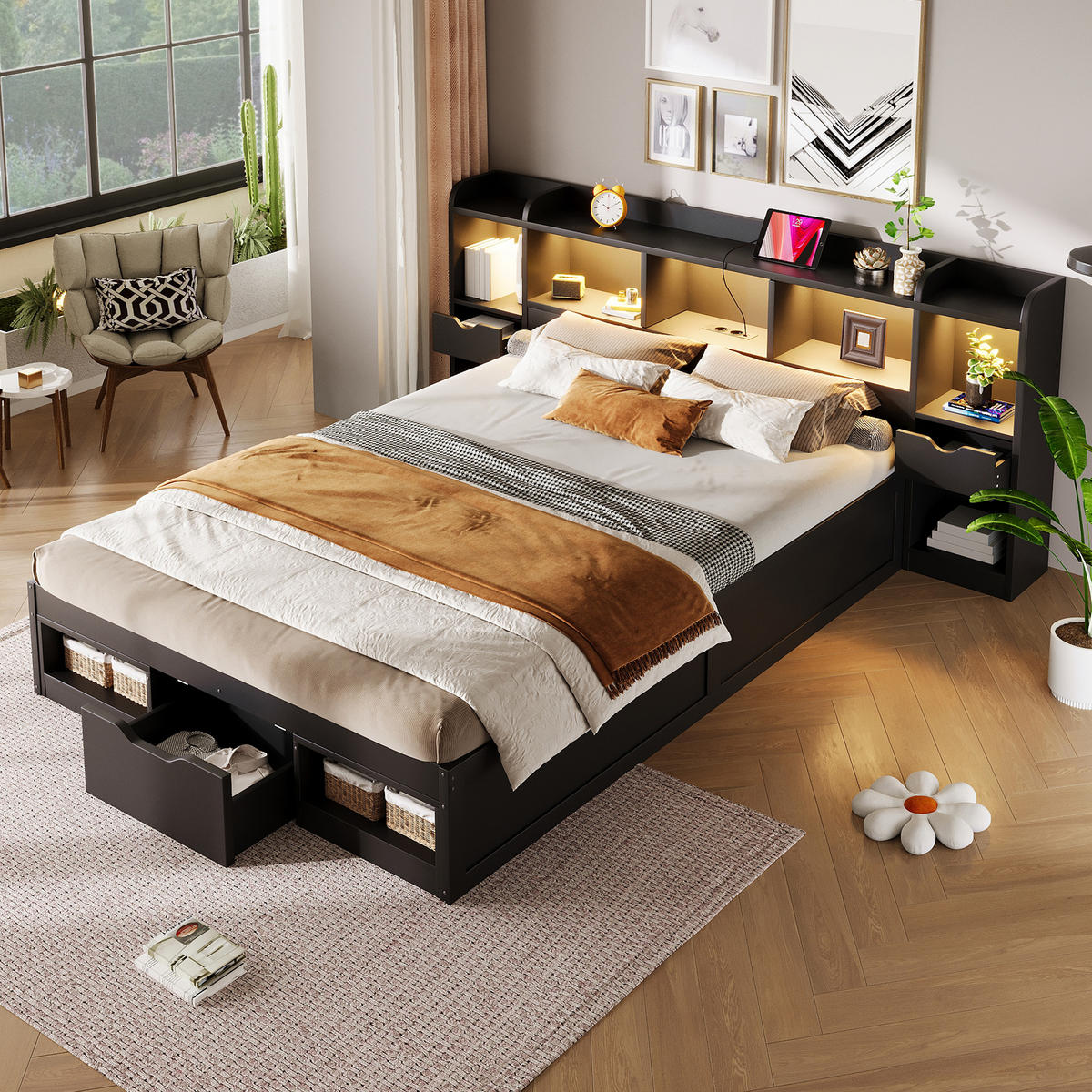 STAURAUMBETT 140 x 200 cm, Kopf- und Fußteil mit Stauraum, Schwarz - Schwarz, Holz (140/200cm) - KOMHTOM