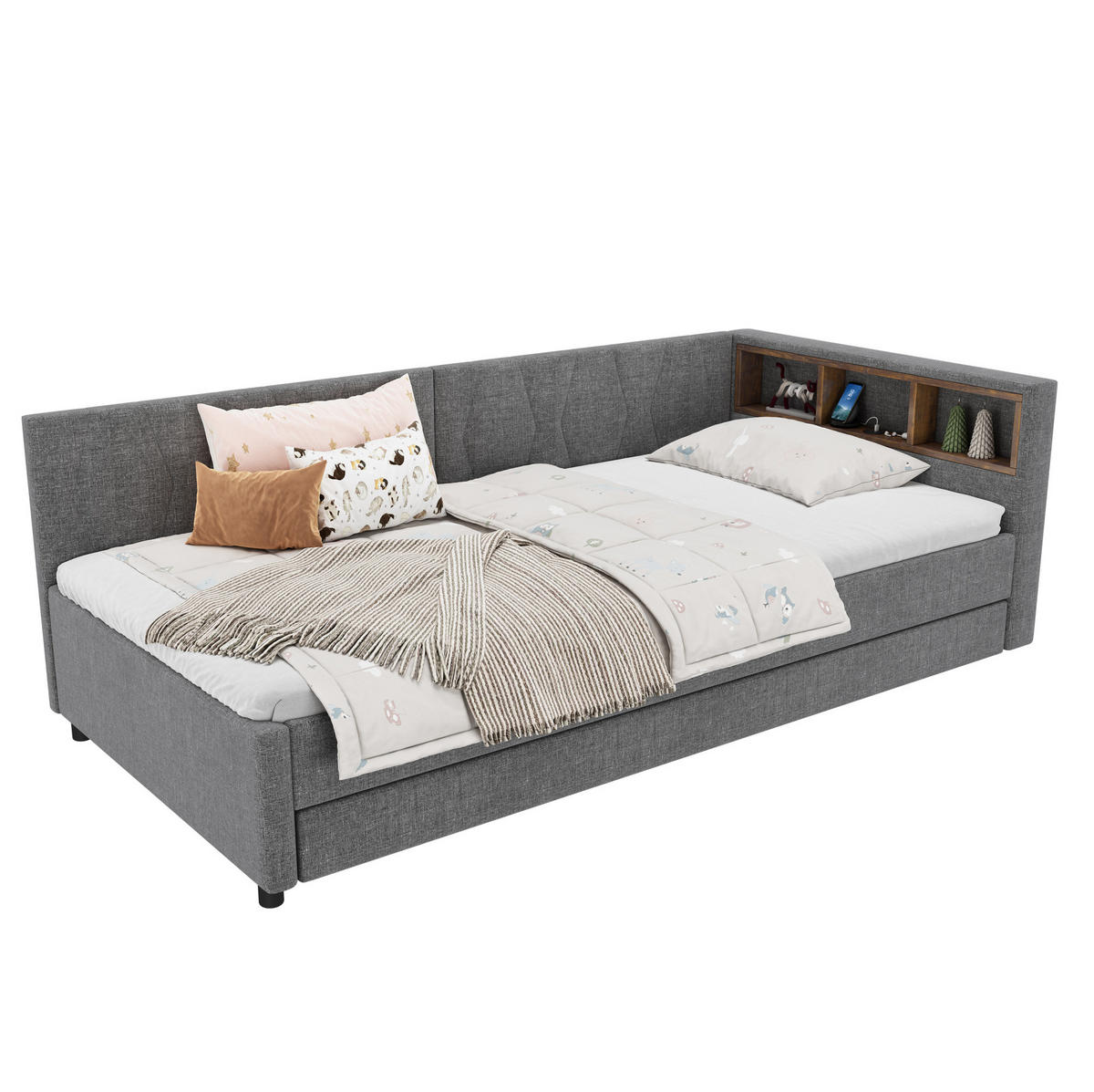 DAYBETT 90/200 cm Grau mit Ablagefach und LED-Beleuchtung aus Leinen - Grau, Textil (90/200cm) - OKWISH