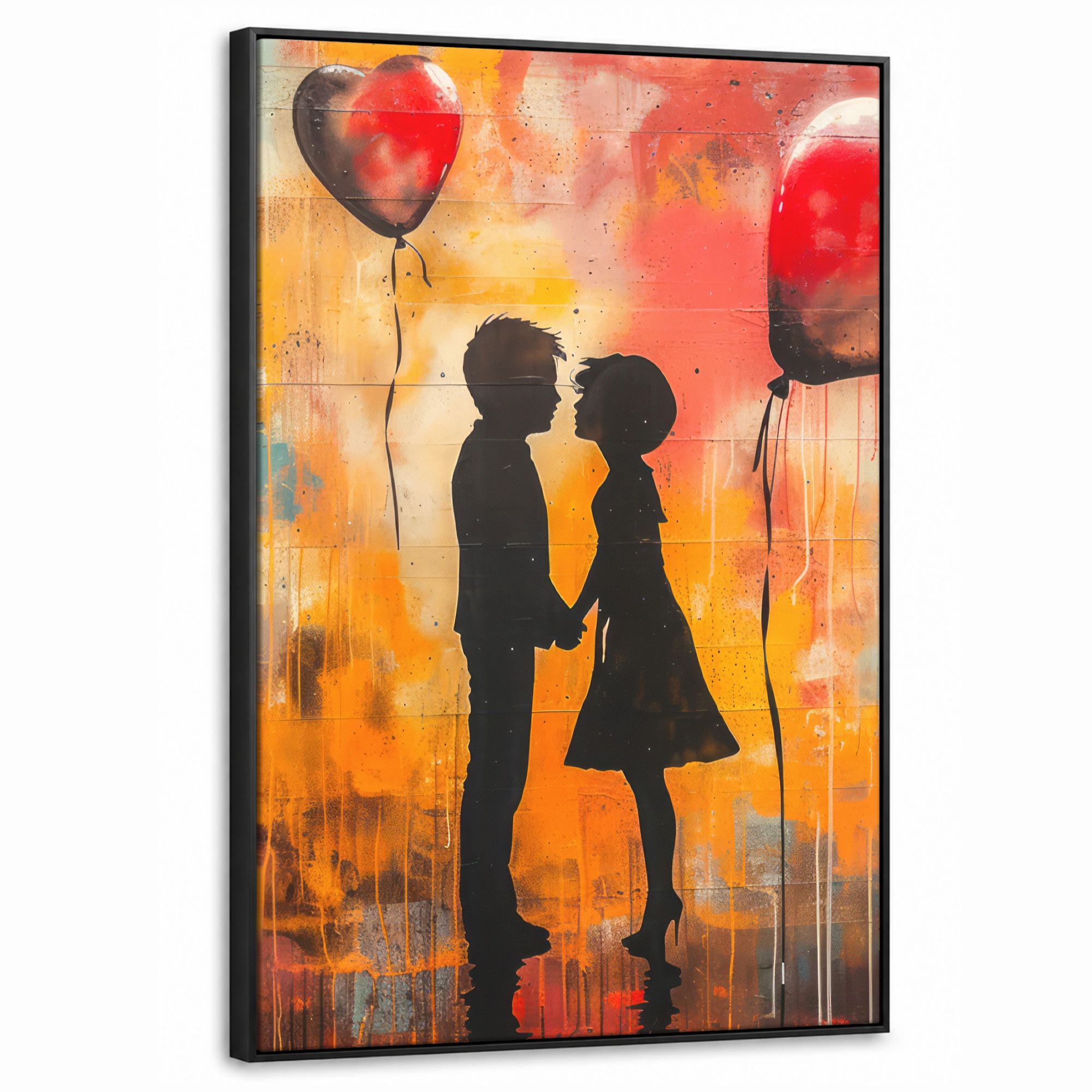 LEINWAND Bilder mit Rahmen - Straßenkunst - Liebe - Graffiti - Kunst - Banksy - 60x90 - Orange, Textil (60/90cm) - MuchoWow