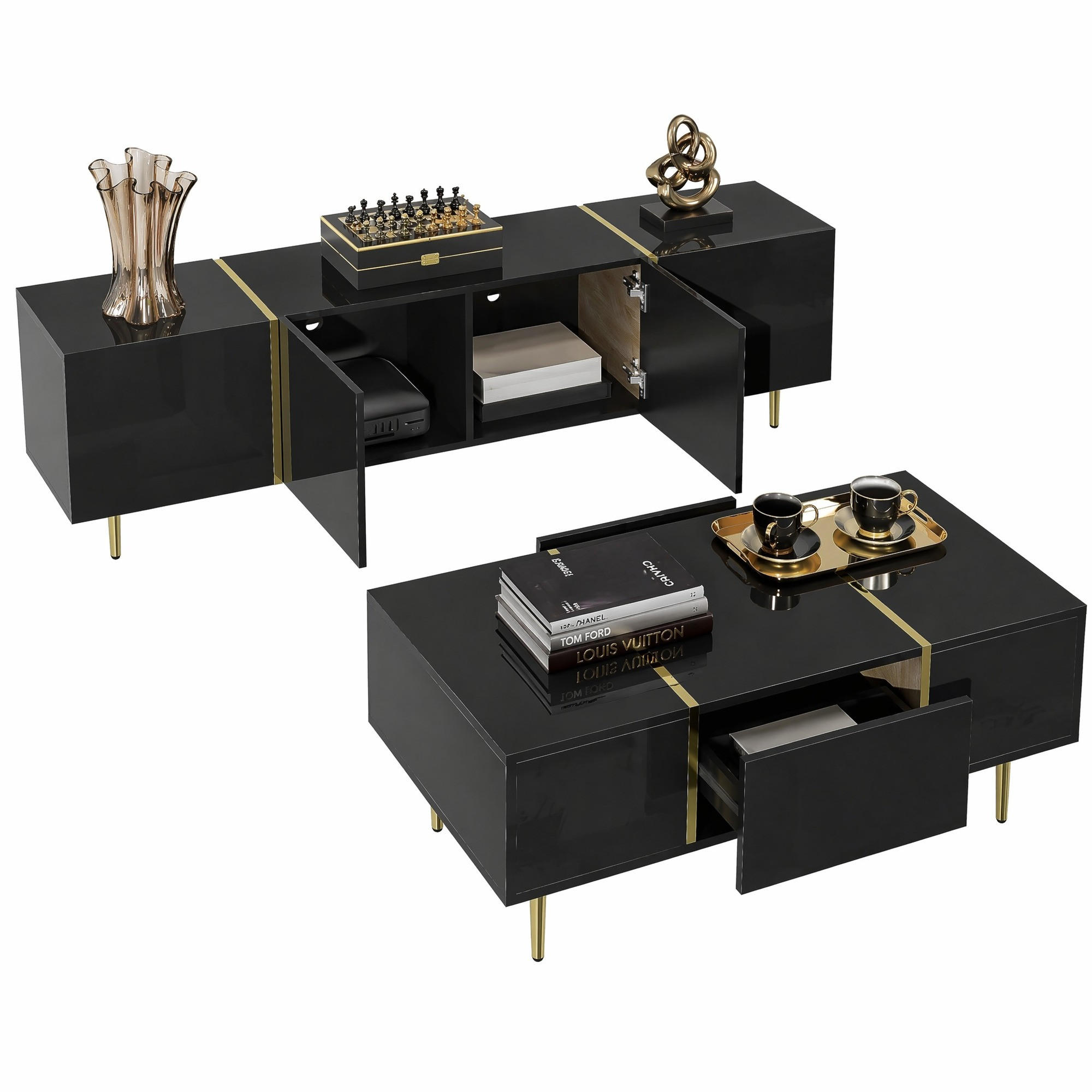 TV-SCHRANK-SET mit Couchtisch 170 cm/100 cm MDF Schwarz Hochglanz 2-tlg. - Schwarz, Holzwerkstoff (60/41.5/100cm) - Beauniv