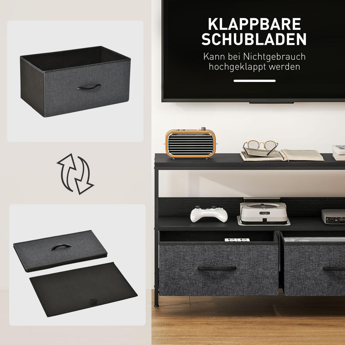 TV Schrank Lowboard mit 2 Schubladen, offenem Fach, für Fernseher bis 47 Zoll, 98 x 29 x 56 cm, Schwarz+Dunkelgrau - Schwarz, Textil (98/56/29cm)