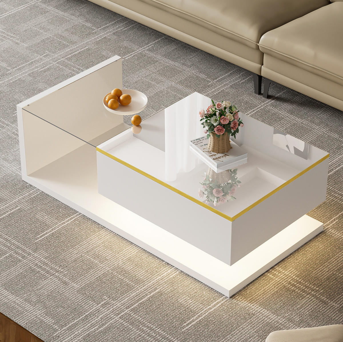 COUCHTISCH aus Spanplatte 100x50x32,5 cm Weiß Hochglanz mit Glasplatte und LED-Beleuchtung - Weiß, Holzwerkstoff (100/50/32.5cm) - IVMEU