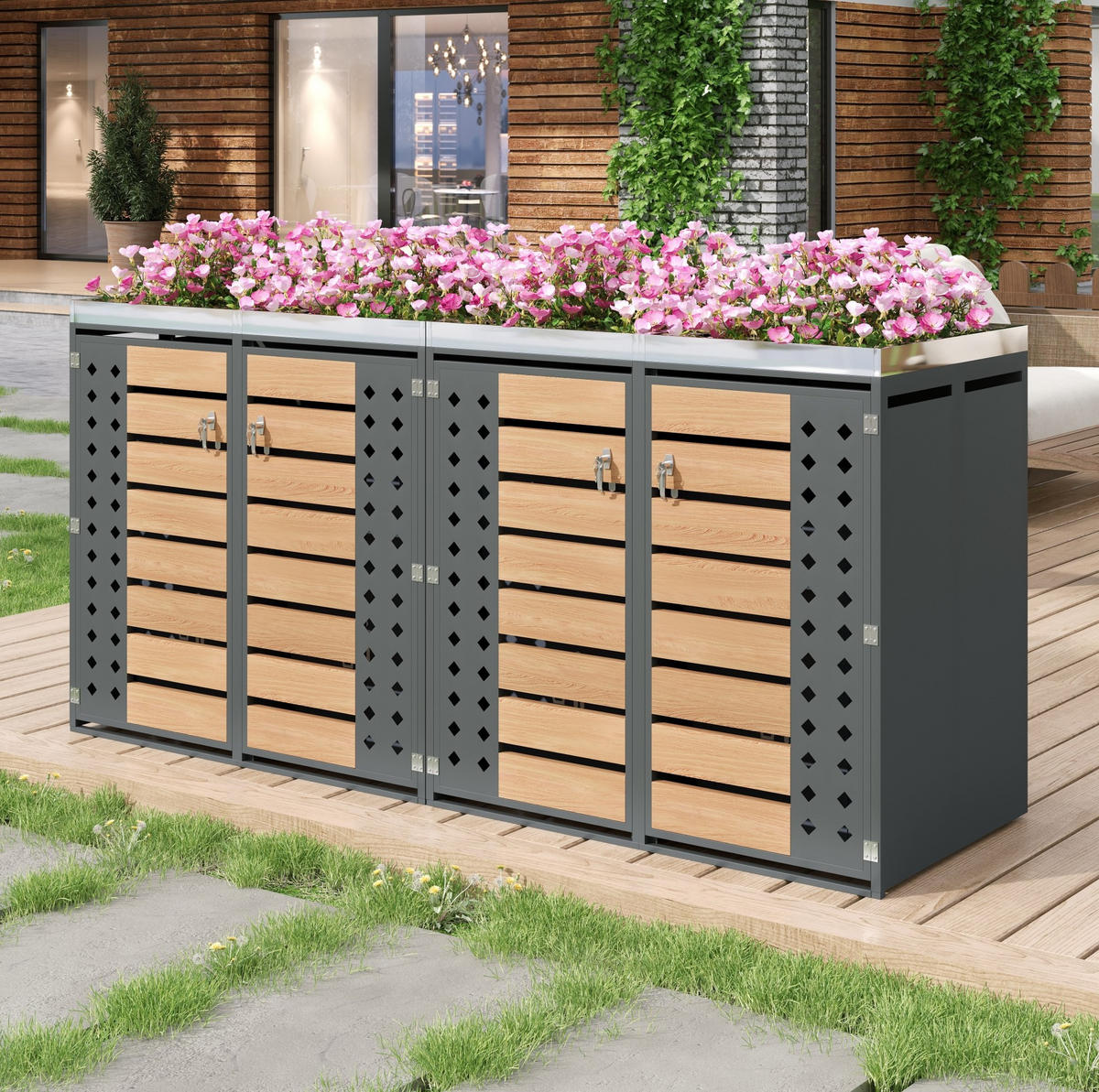 MÜLLTONNENBOX aus verzinktem Stahl in Grau/Holzoptik mit Pflanzkasten & 4 Türen 264x80x124,5 cm - Grau, Metall (264/124.5/80cm) - Modfu