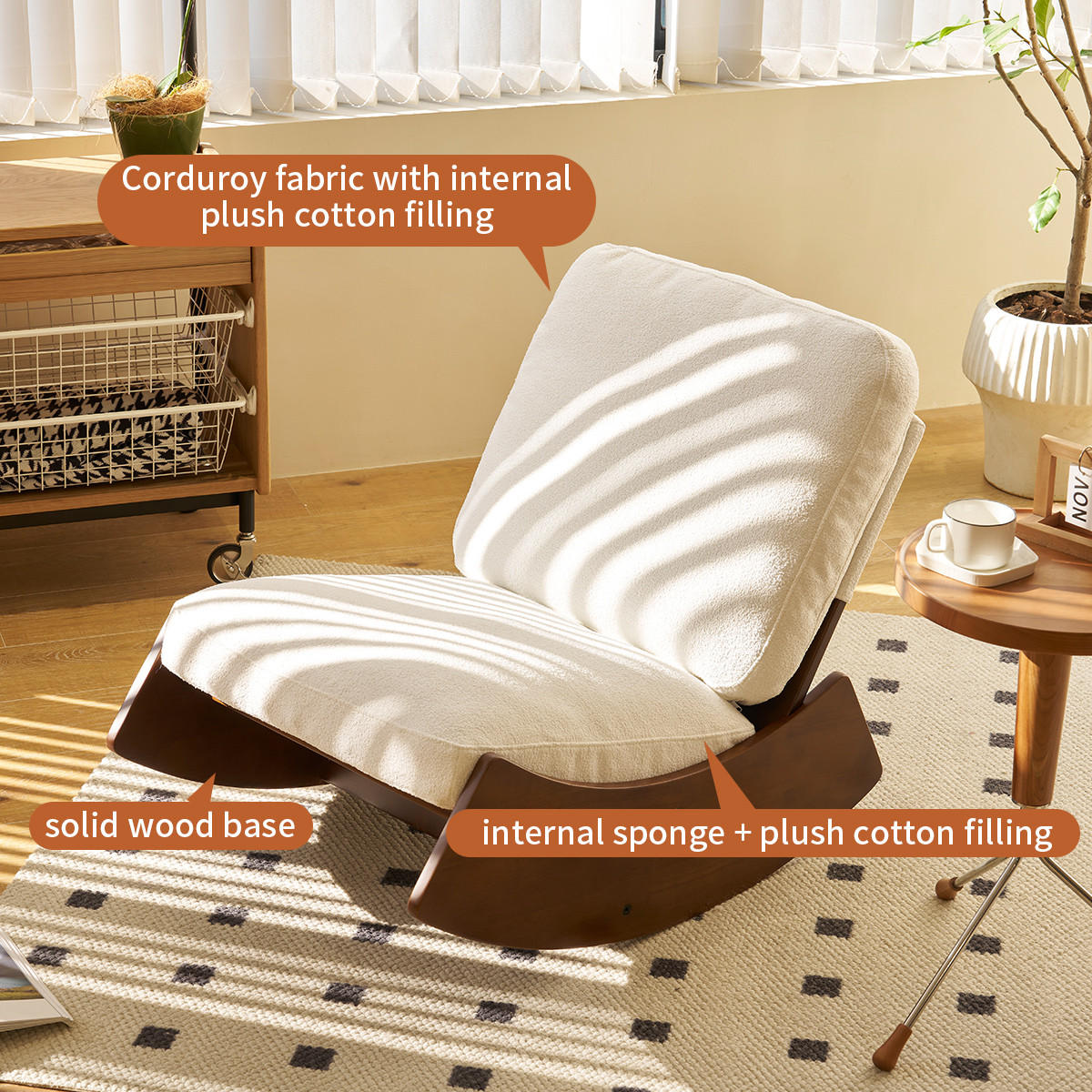 SCHAUKELSTUHL Massivholz Cord-Stoff Ergonomisch Relaxsessel - Weiß, Textil (90/71.9/61.5cm) - Urban Meuble