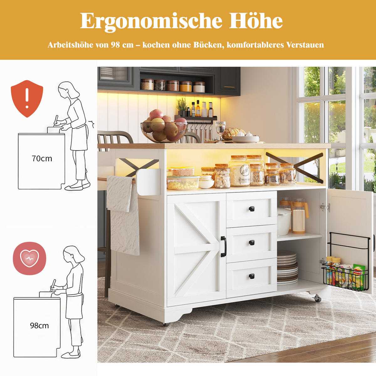 KÜCHENINSEL 120/43/98 cm weiß aus MDF mit klappbarer Platte - Weiß, Holzwerkstoff (120/98/43cm) - OKWISH