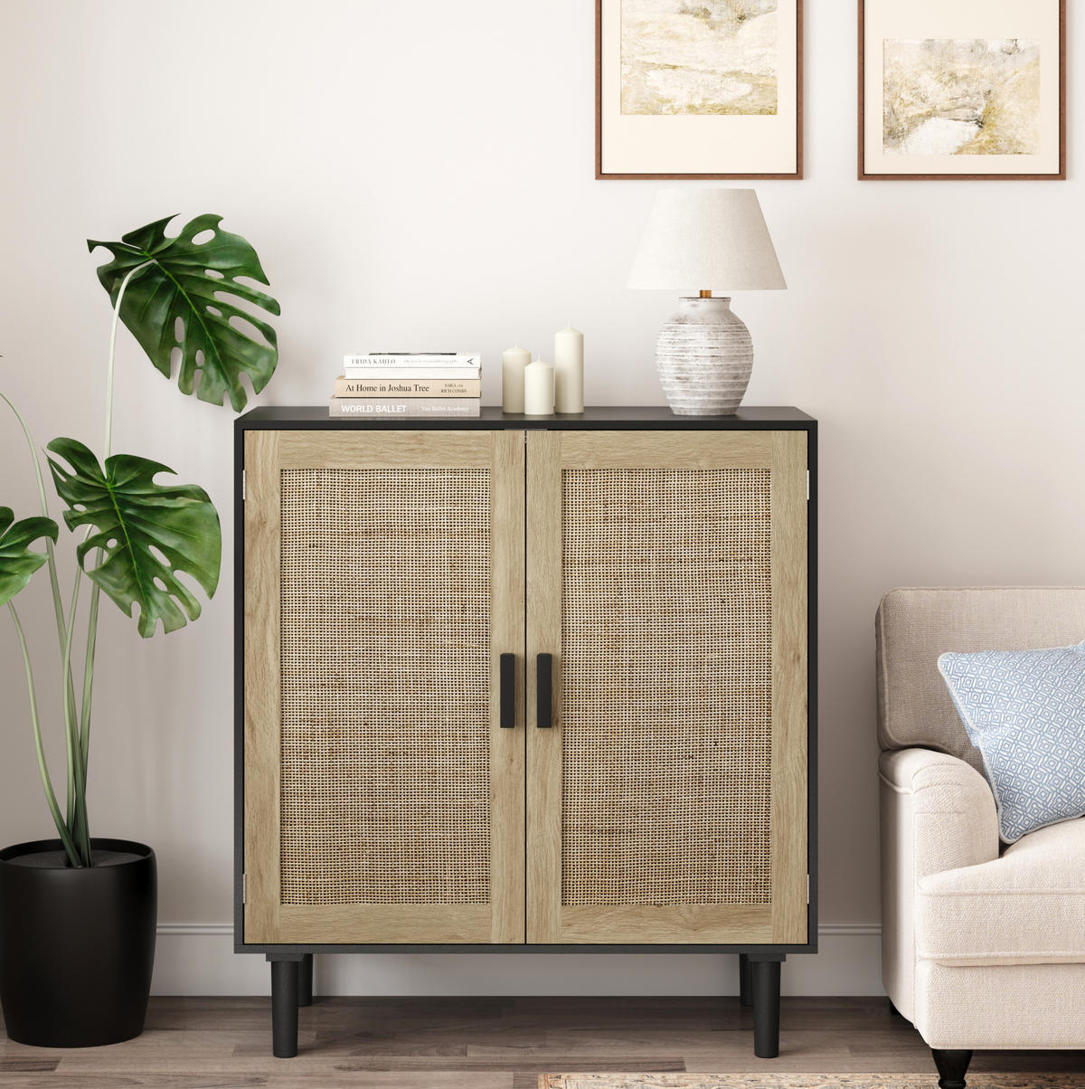 SIDEBOARD 80/40/88 cm schwarz aus MDF mit Rattanfront und offenen Fächern - Schwarz, Holzwerkstoff (80/88/40cm) - OKWISH