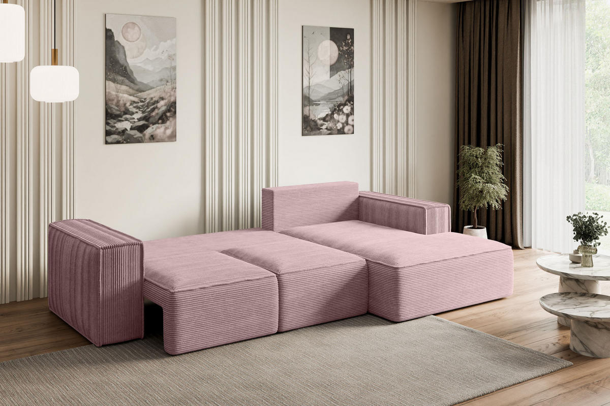 ECKSOFA mit Schlaffunktion und Bettkasten SERRA-L-S - 266x161x87 cm Rosa Cord - Schwarz/Rosa, Holzwerkstoff/Kunststoff (266/161cm) - ALTDECOR