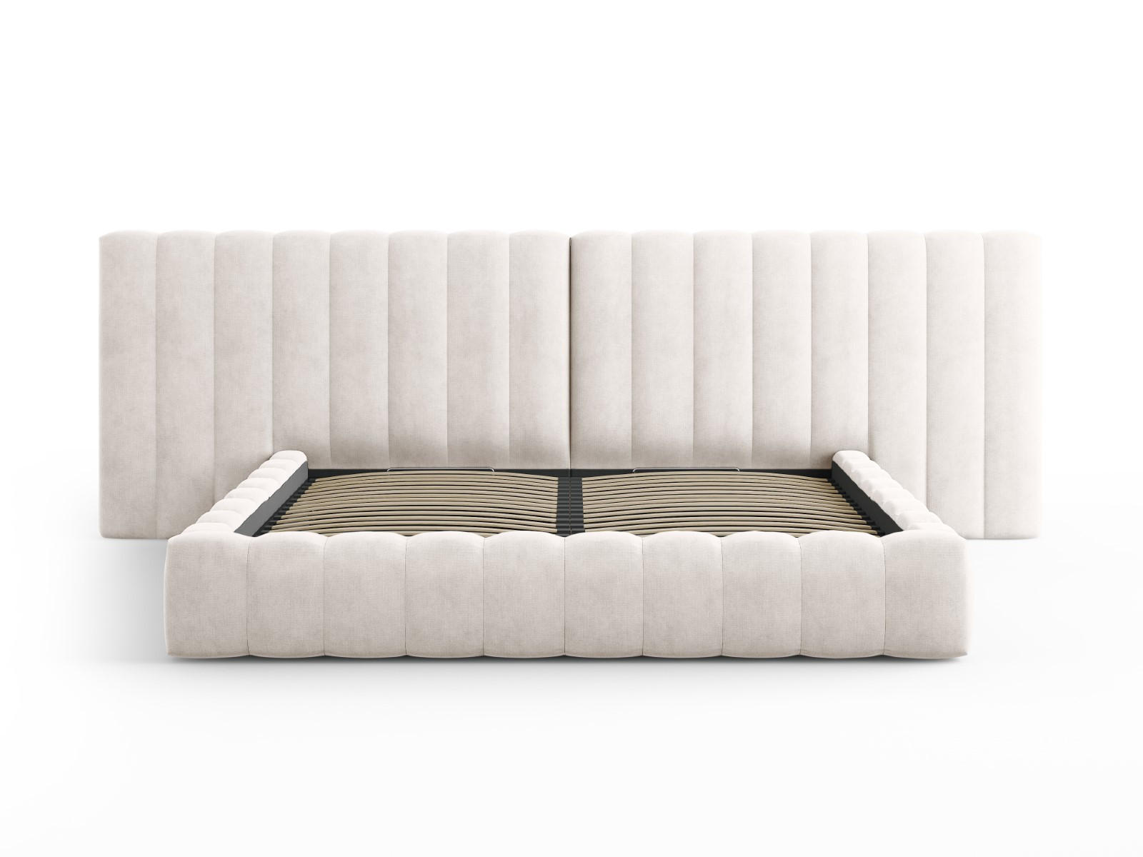 BETT mit Bettkasten und Doppelkopfteil Kelp aus strukturiertem Stoff beige 200x200cm - Beige, Textil (200/200cm) - Micadoni
