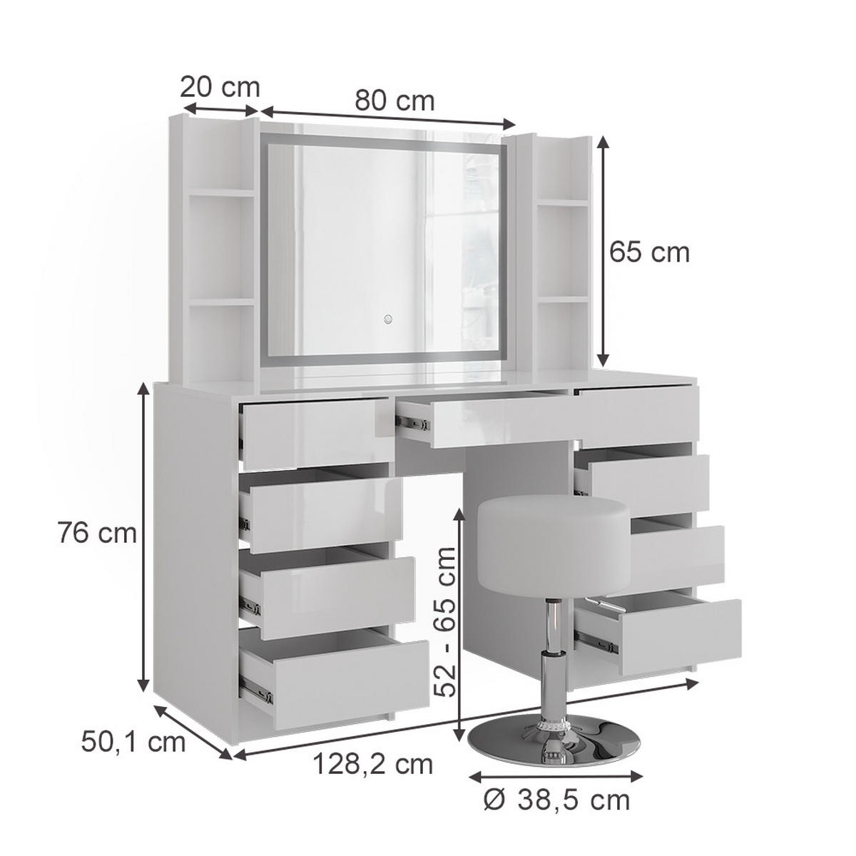 SCHMINKTISCH Sherry Weiß/Weiß Hochglanz 128.2 cm 5 Teile - Weiß Hochglanz, Holzwerkstoff (128.2/76/50.1cm) - Vicco