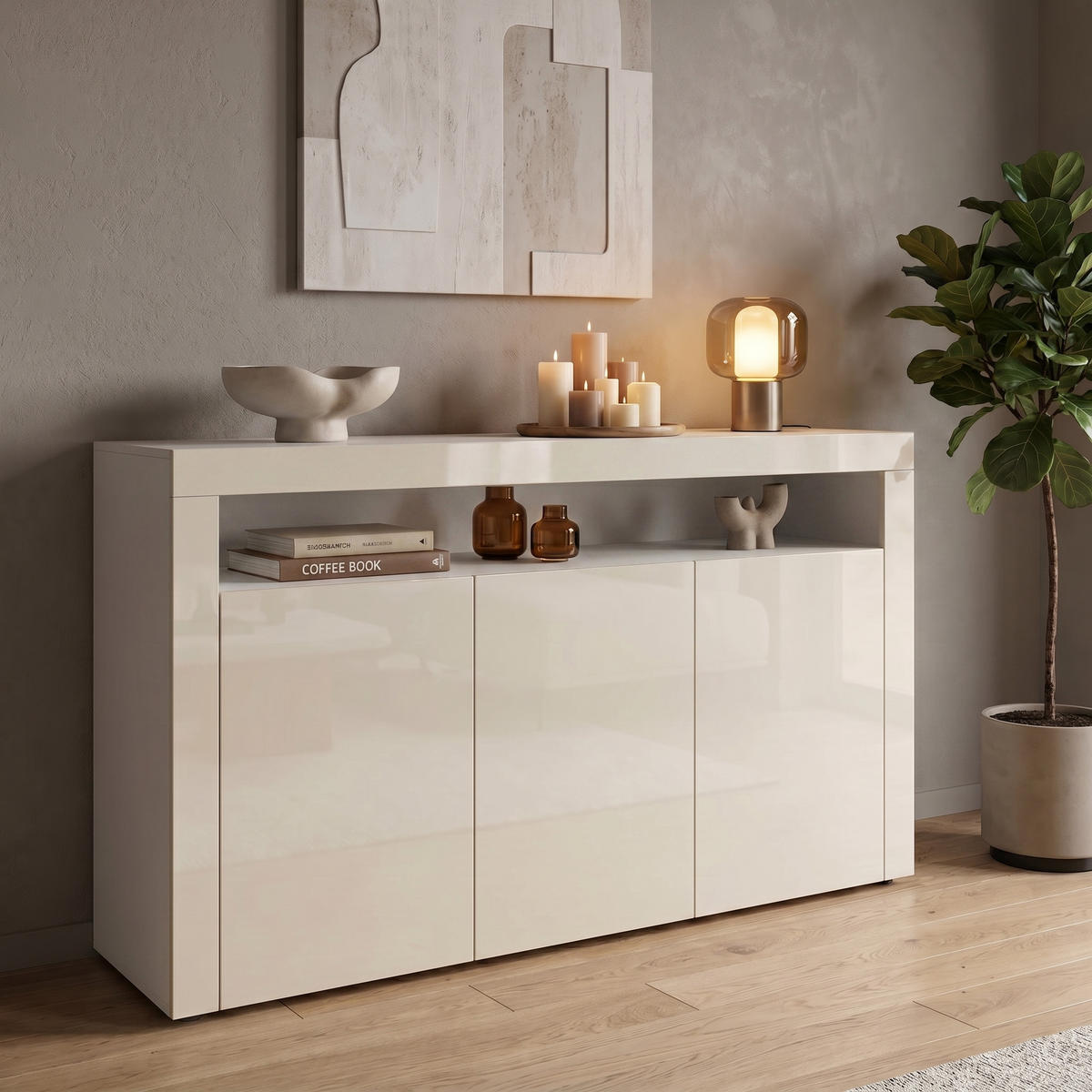 SIDEBOARD Valencia Creme Hochglanz / Creme Hochglanz - Creme, Holzwerkstoff (155/92/40cm) - Vladon