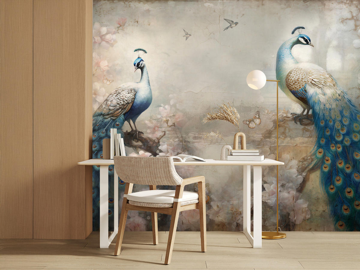 FOTOTAPETE Abstrakte Pfauen Blumen Beton Vintage 250x175 - Blau/Beige, Papier (250/175cm) - Muralo