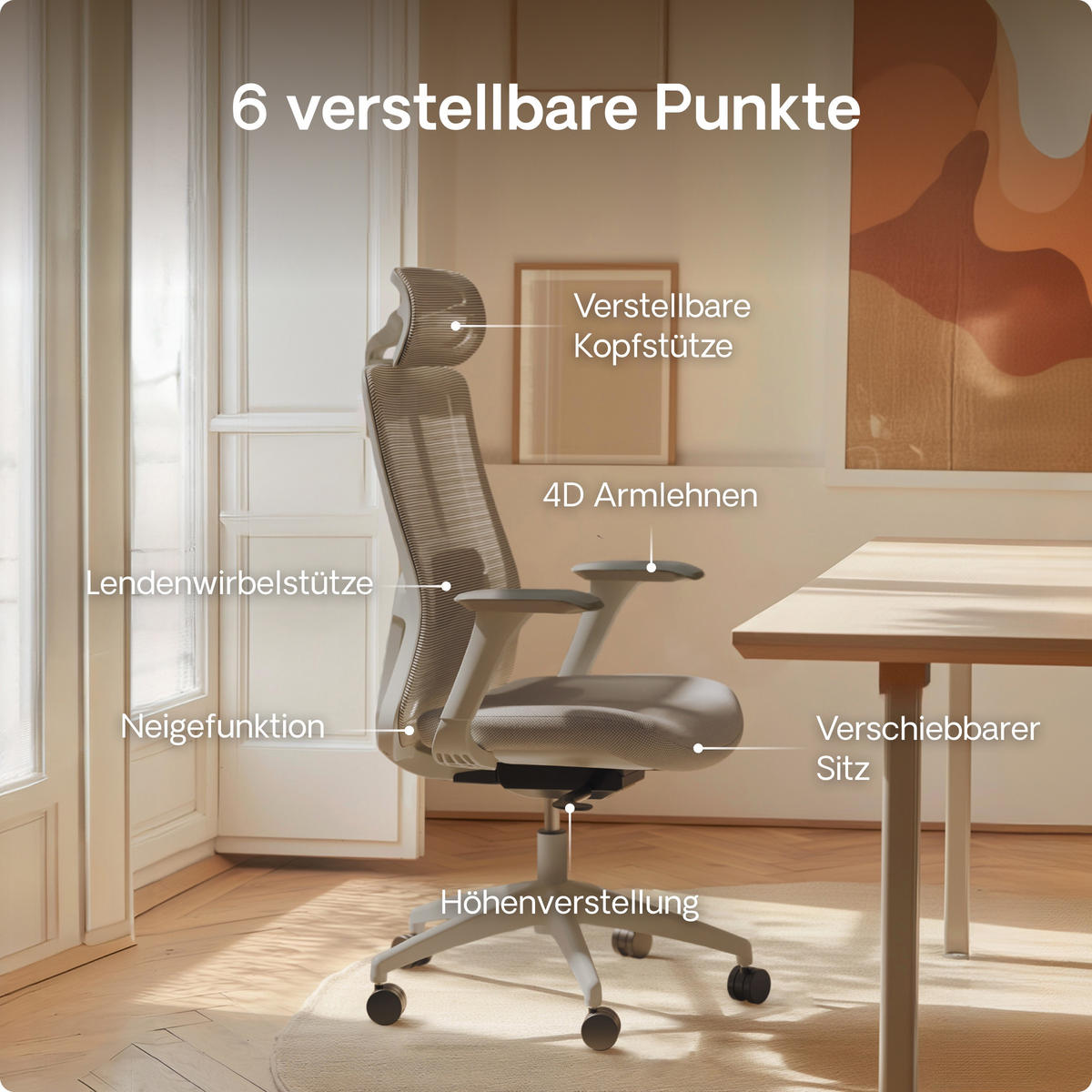 BÜROSTUHL Verstellbarer Ergonomischer SitOne Grau 4-Dimensional Armlehne, Integrierte 4-Wege-Lendenwirbelstütze - Grau, Kunststoff (60/125/68cm) - Desktronic