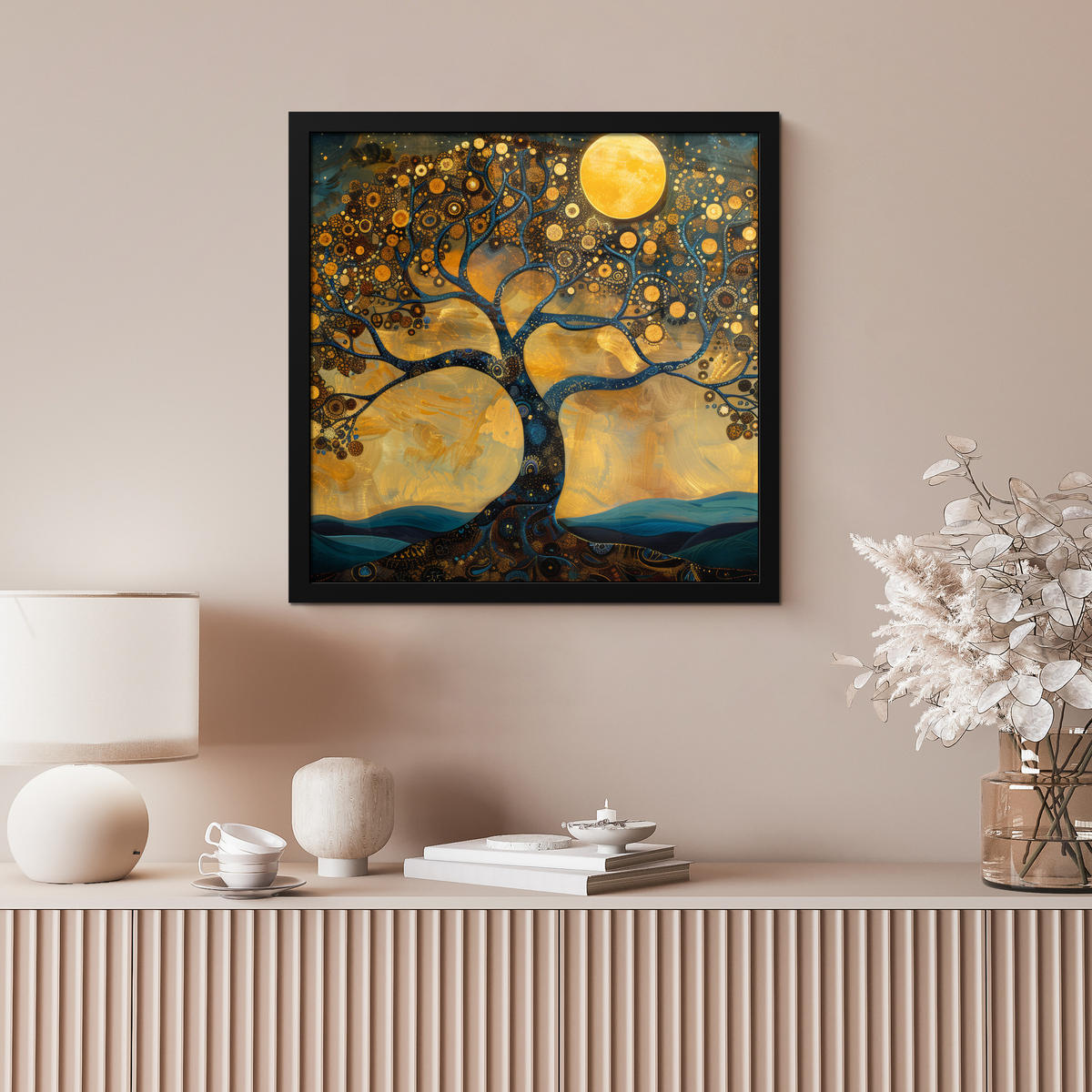 POSTER MIT RAHMENGERAHMTES BILD Baum - Mond - Blumen - Gold - Kunst 40x40 cm - Orange, Papier (40/40cm) - MuchoWow