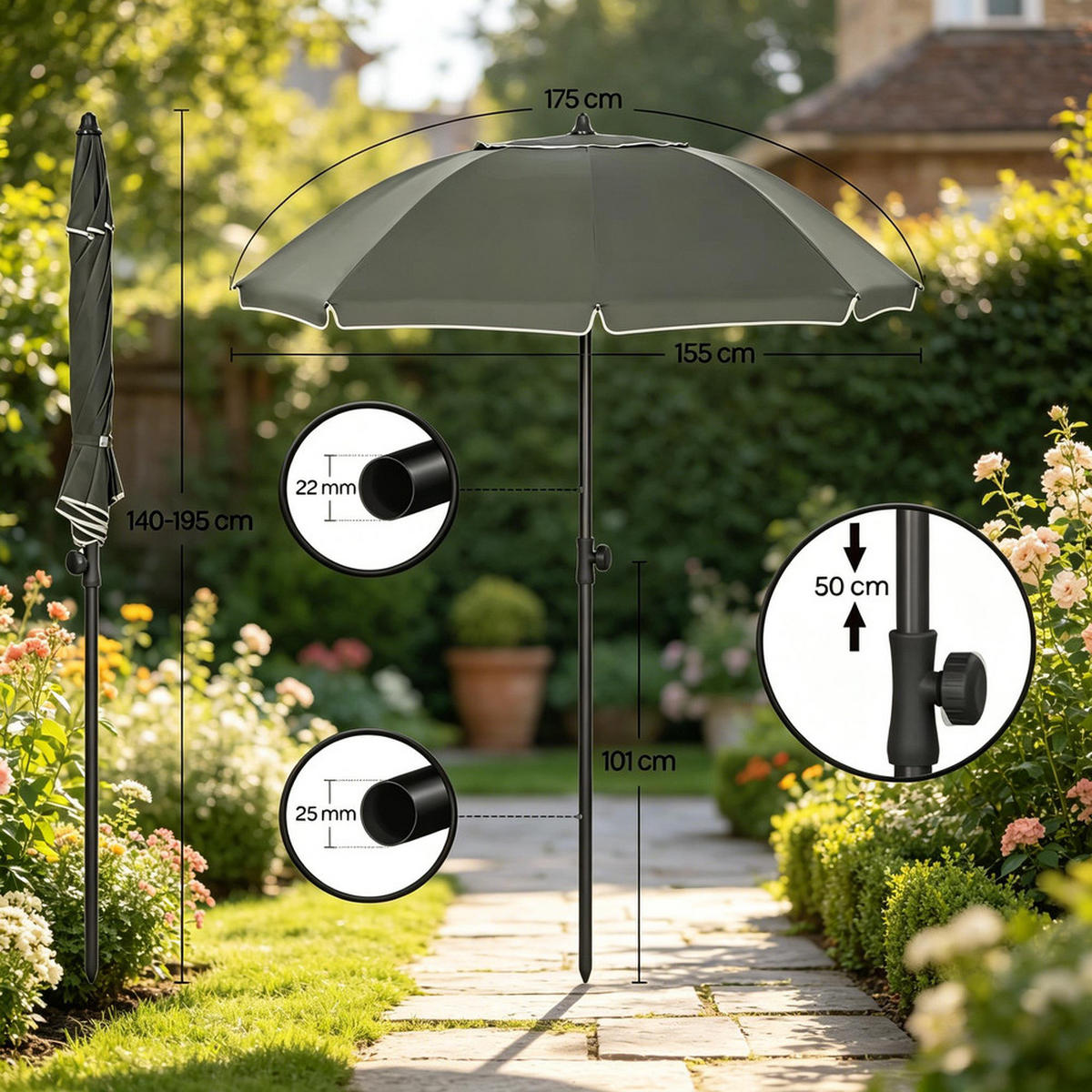 SONNENSCHIRM Runder Sonnenschirm Metall 155cm Höhenverstellbar und Neigbar - Grau, Textil (175/155cm) - Raelunyi