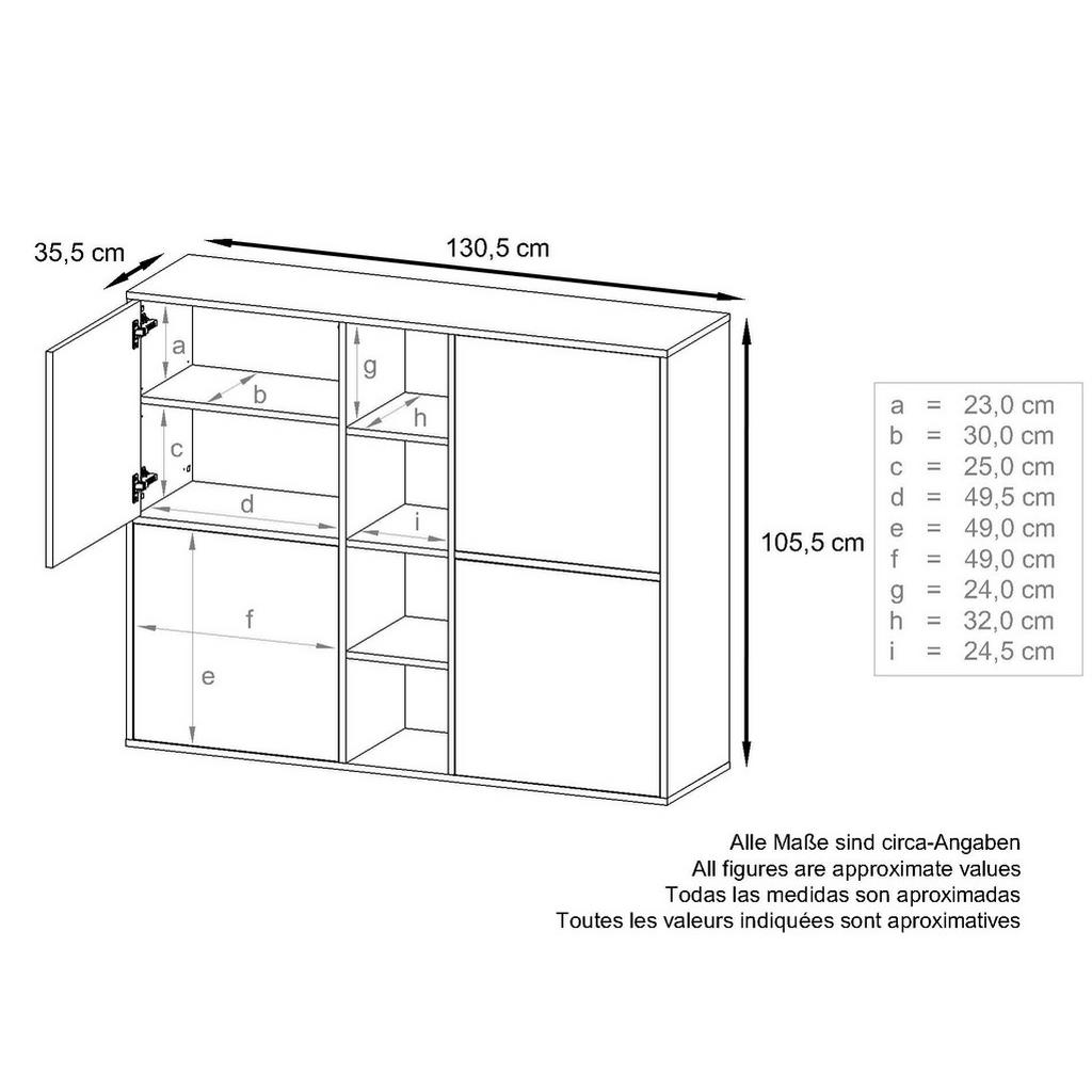 Thumbnail - Vladon Highboard, Eiche, Holzwerkstoff, 130.5x105.5x35.5 cm, Wohnzimmer, Kommoden & Sideboards, Highboards